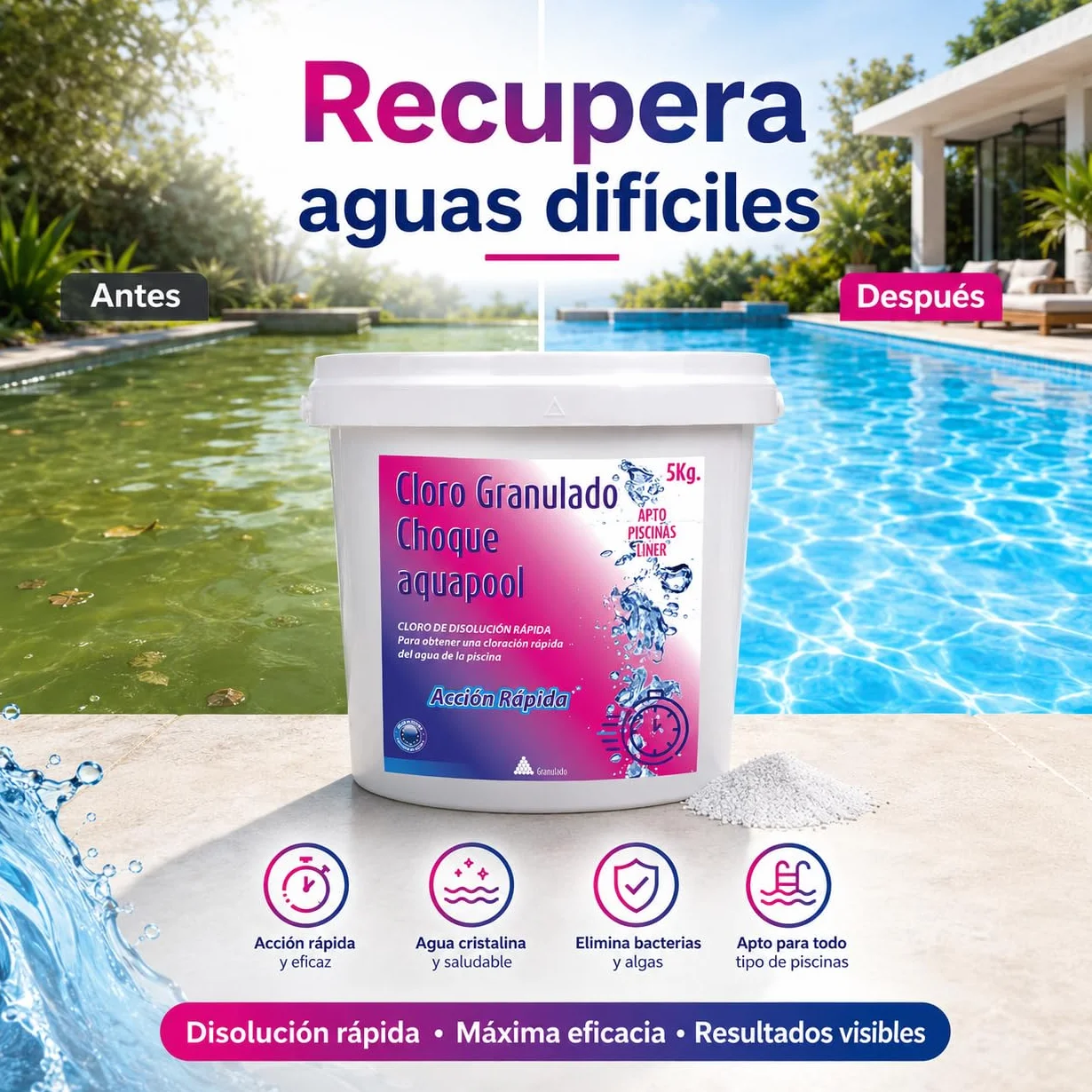 Aquapool Cloro de Choque en Grano 5 KG Tratamiento Inicial Piscina