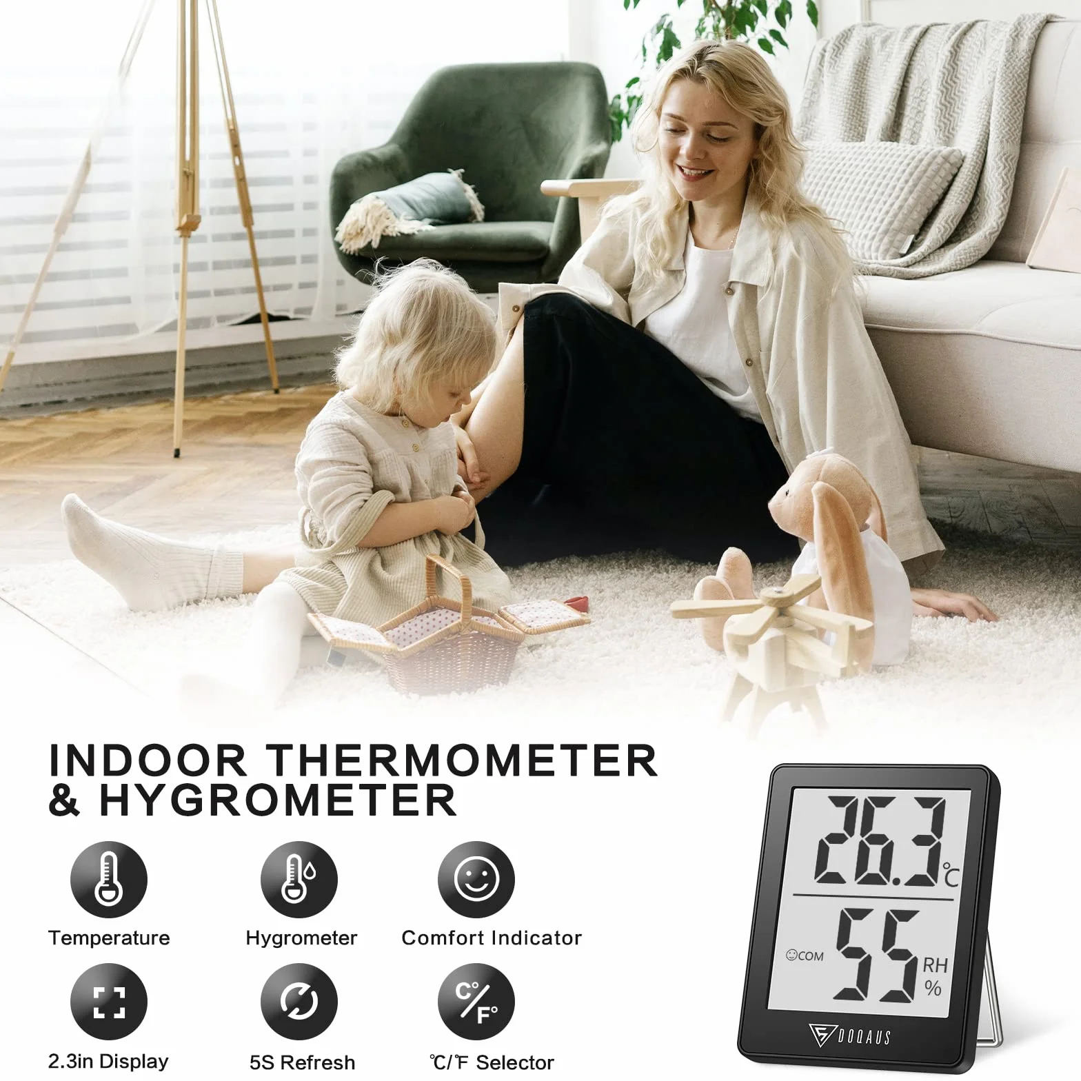 DOQAUS Mini Termómetro Higrómetro Digital, Medidor de Temperatura y Humedad, Respuesta Rápida 5s, Negro