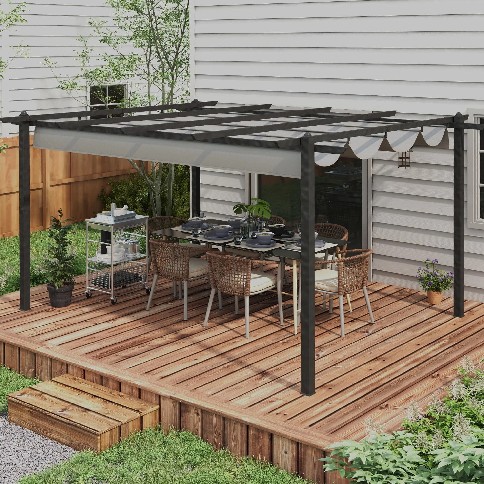 Outsunny Pérgola de Jardín 4x3 m con Techo Retráctil, Cenador de Jardín con Estructura de Aluminio, UPF30+, Orificios de Drenaje, Pabellón para Exterior, Patio, Terraza, Gris