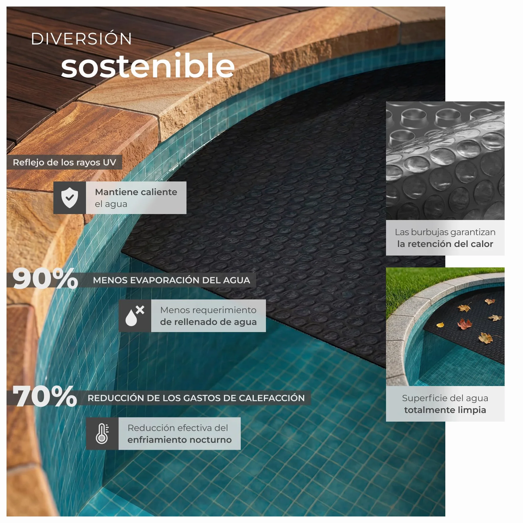 tectake® Manta Solar Piscina Redonda Flotante Recortable 110 µm 250 x 250 x 1 cm Negro