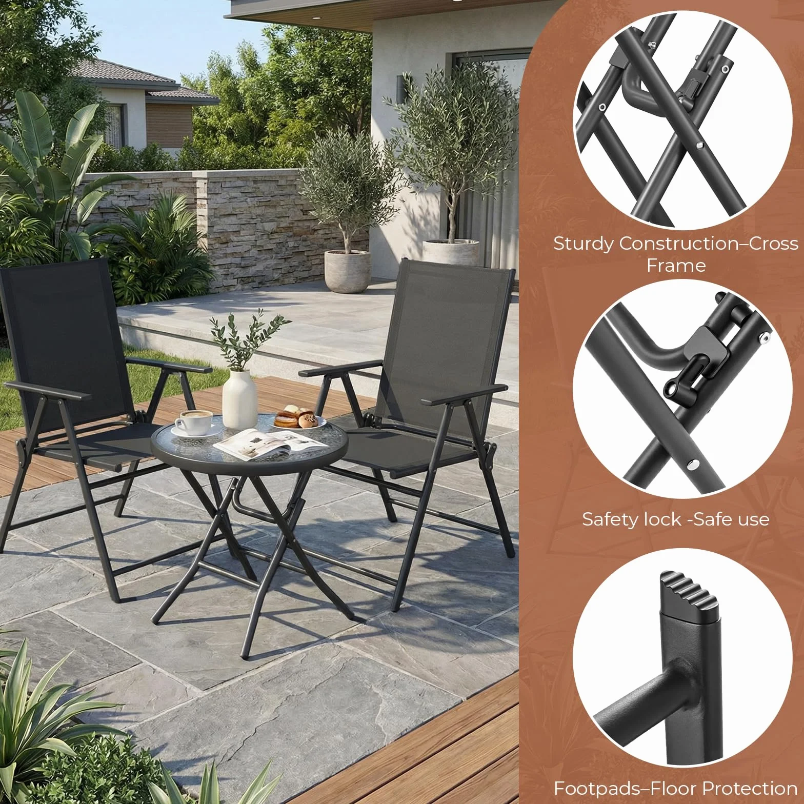 LIFERUN Set de Balcón 3 Piezas Metal, Bistró Plegable con 2 Sillas y Mesa de Vidrio, Muebles de Jardín Exterior Negro