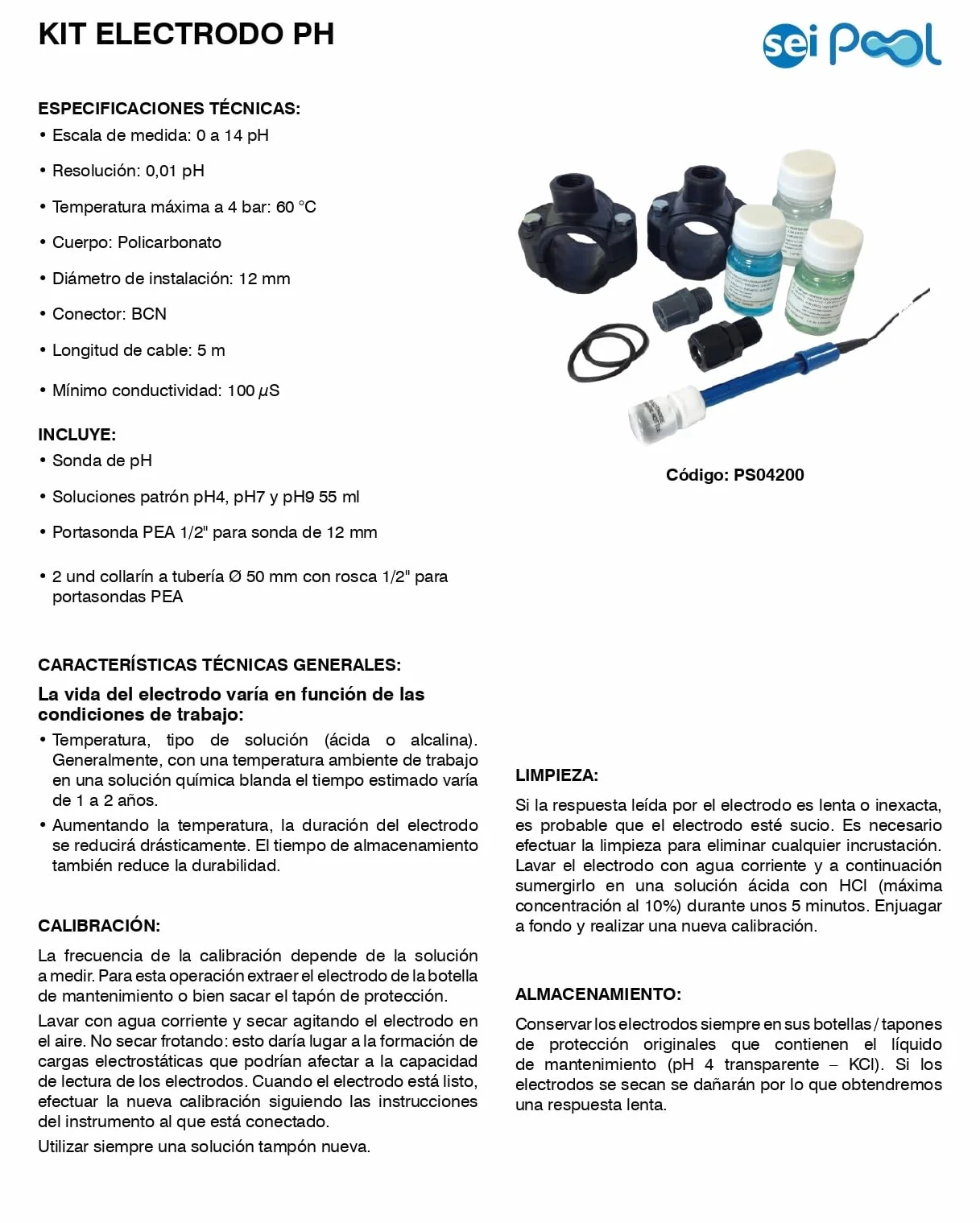Sei Pool Kit Electrodo pH Profesional, Rango 0-14 pH, Cable 5m, con Soluciones Calibración, Portasonda y Collarines para Piscina