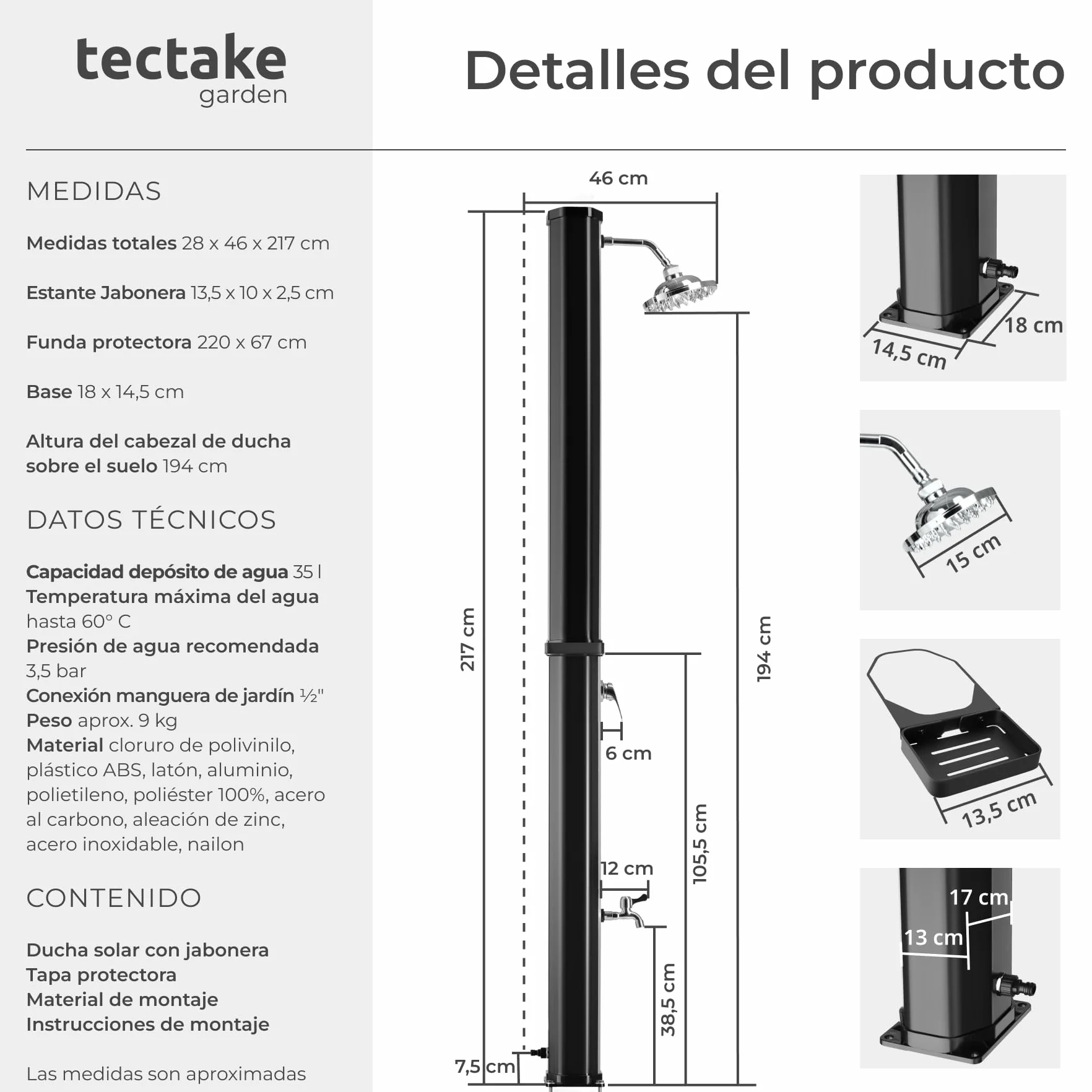 Tectake Ducha Solar Exterior 35L Negro/Plata Resistente Intemperie Alcachofa 360°