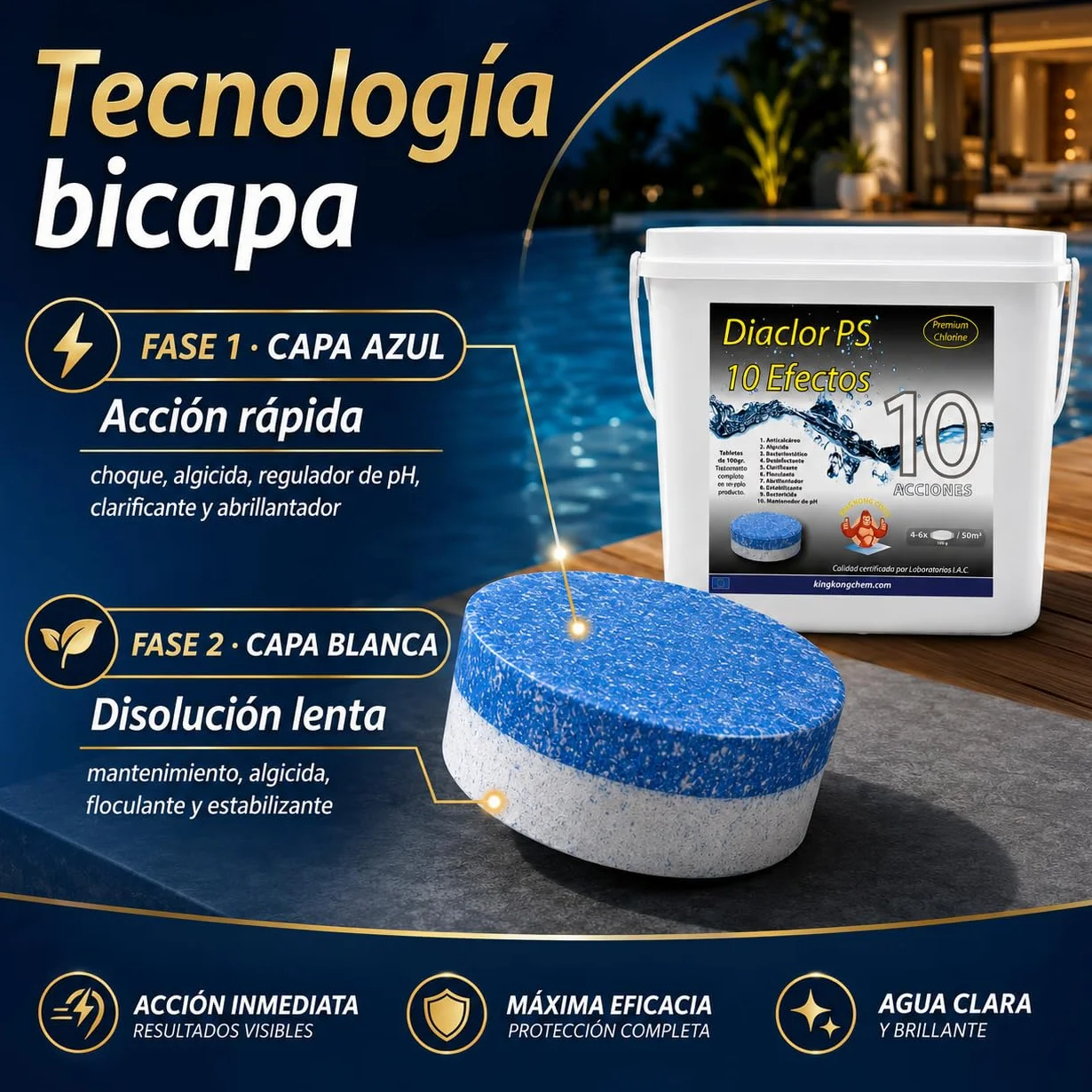 Cloro Total para Piscinas DIACLOR PS 5 KG - 50 Pastillas de Cloro Multiacción 100 gr
