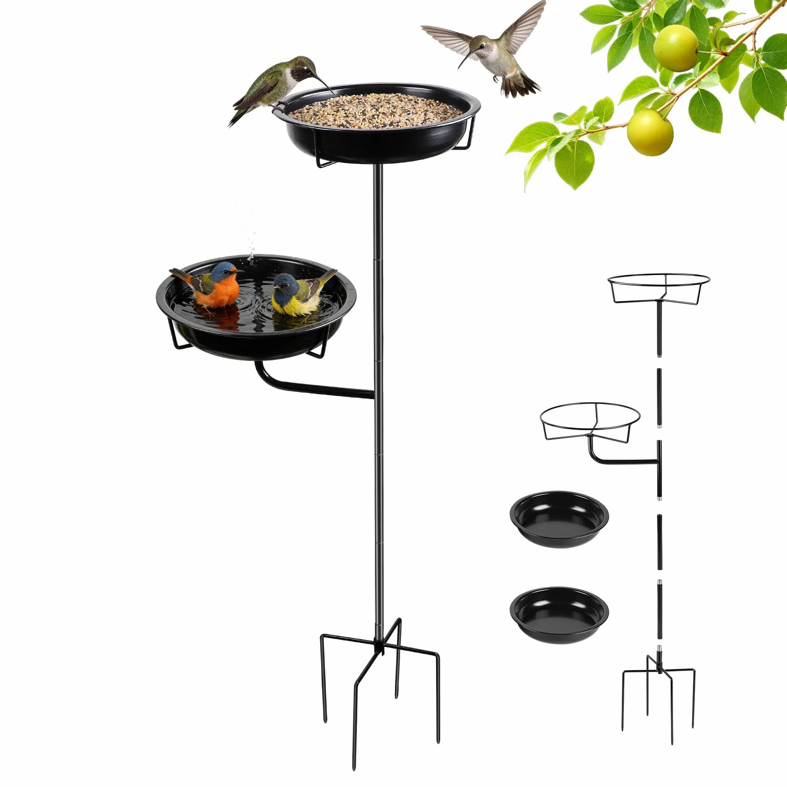 SWAWIS Comedero y Bebedero para Pájaros Independiente 2 Palangana Metal 27x5cm Altura 101cm Negro