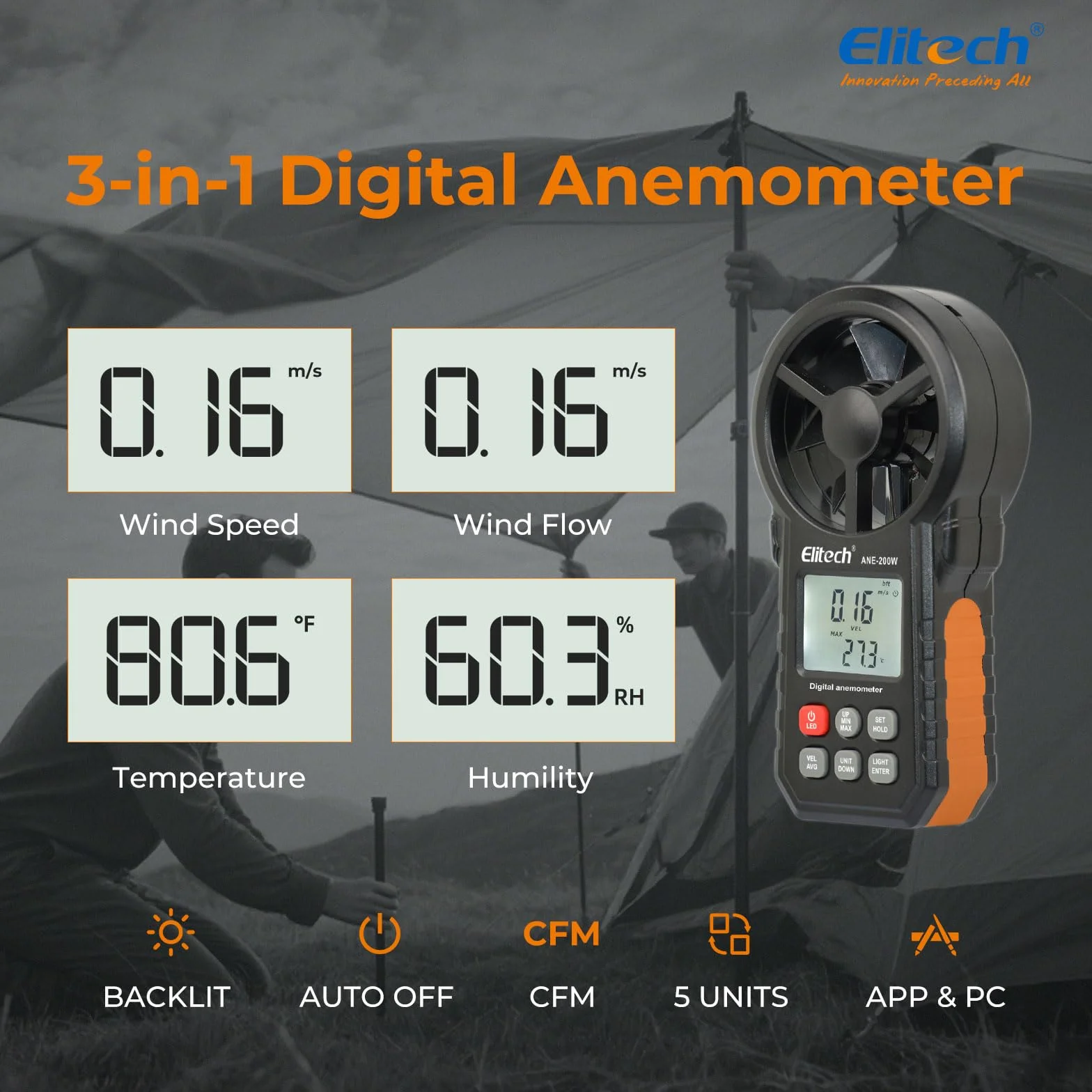 Elitech Anemómetro Digital ANE-200W Medidor Velocidad Viento Temperatura HVAC Flujo Aire CFM CMM Bluetooth USB