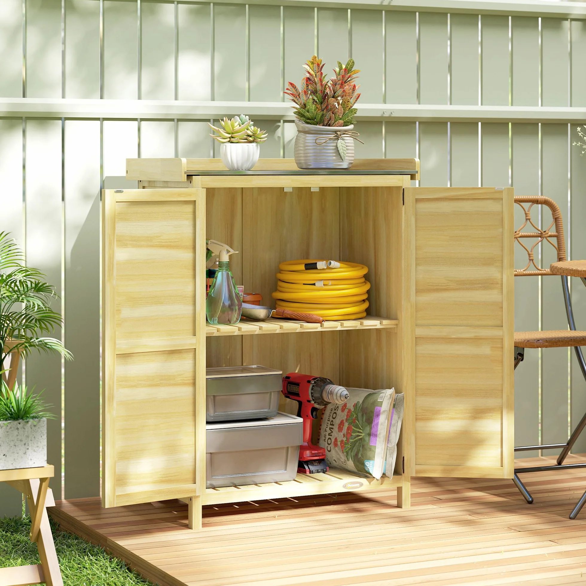 Outsunny Armario Exterior Madera Caseta Jardín Techo Metal Galvanizado Estantes 2 Puertas Ganchos Cobertizo Almacenaje Herramientas 71,5x39x95 cm Natural