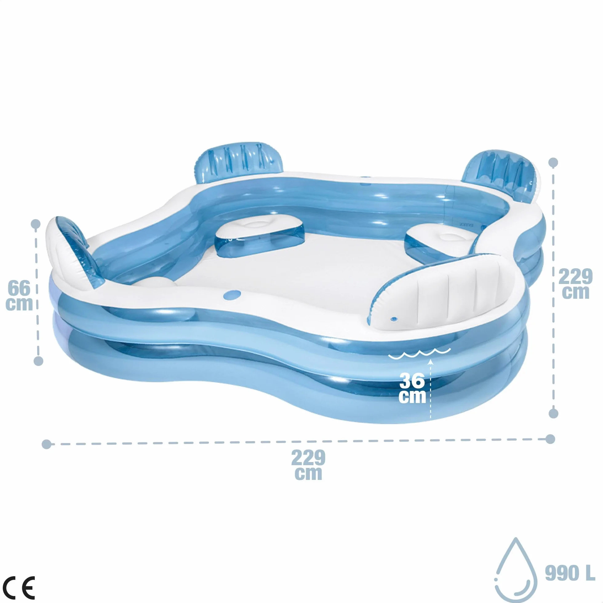 Intex Piscina Hinchable Familiar 229x229x66 cm 990 litros Vinilo Resistente con Asientos