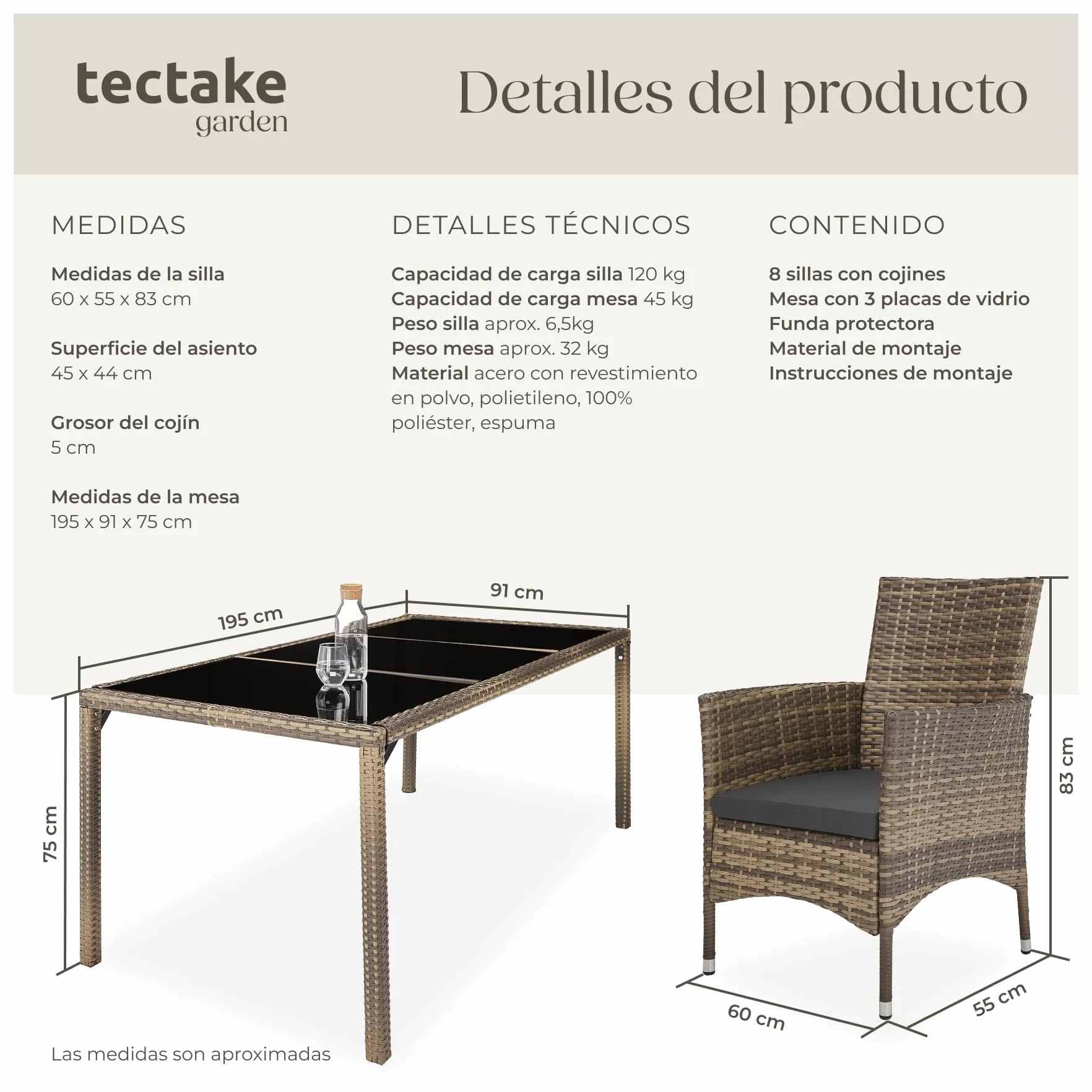 tectake® Conjunto Jardín Exterior de Ratán y Acero con Cojines, Muebles Jardín Exterior Resistentes a Intemperie, para hasta 8 Personas, Fácil Limpieza - Natural/Gris
