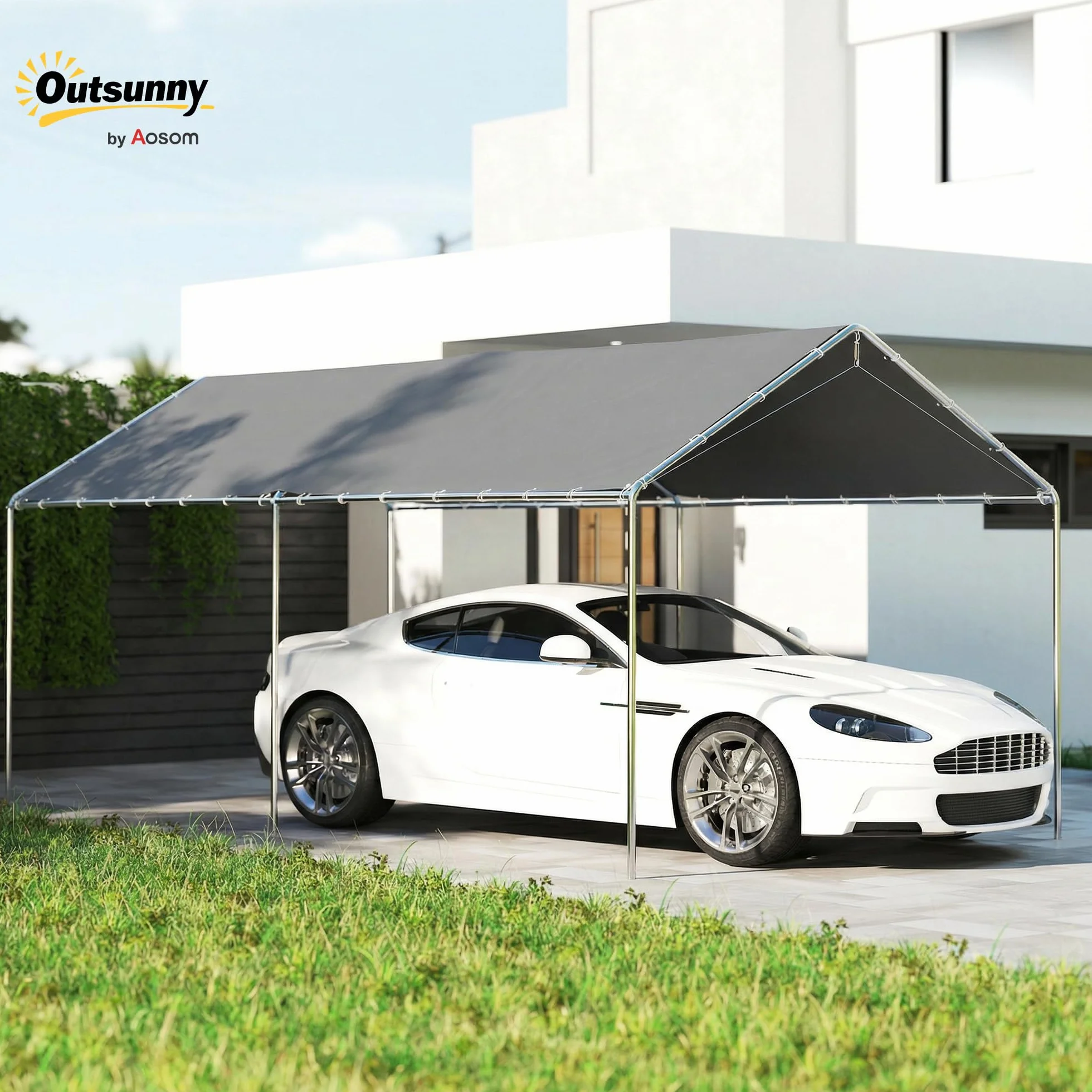 Outsunny Carpa Garaje 3x6 m Cochera Exterior Portátil Acero Galvanizado Impermeable Anti-UV Gris