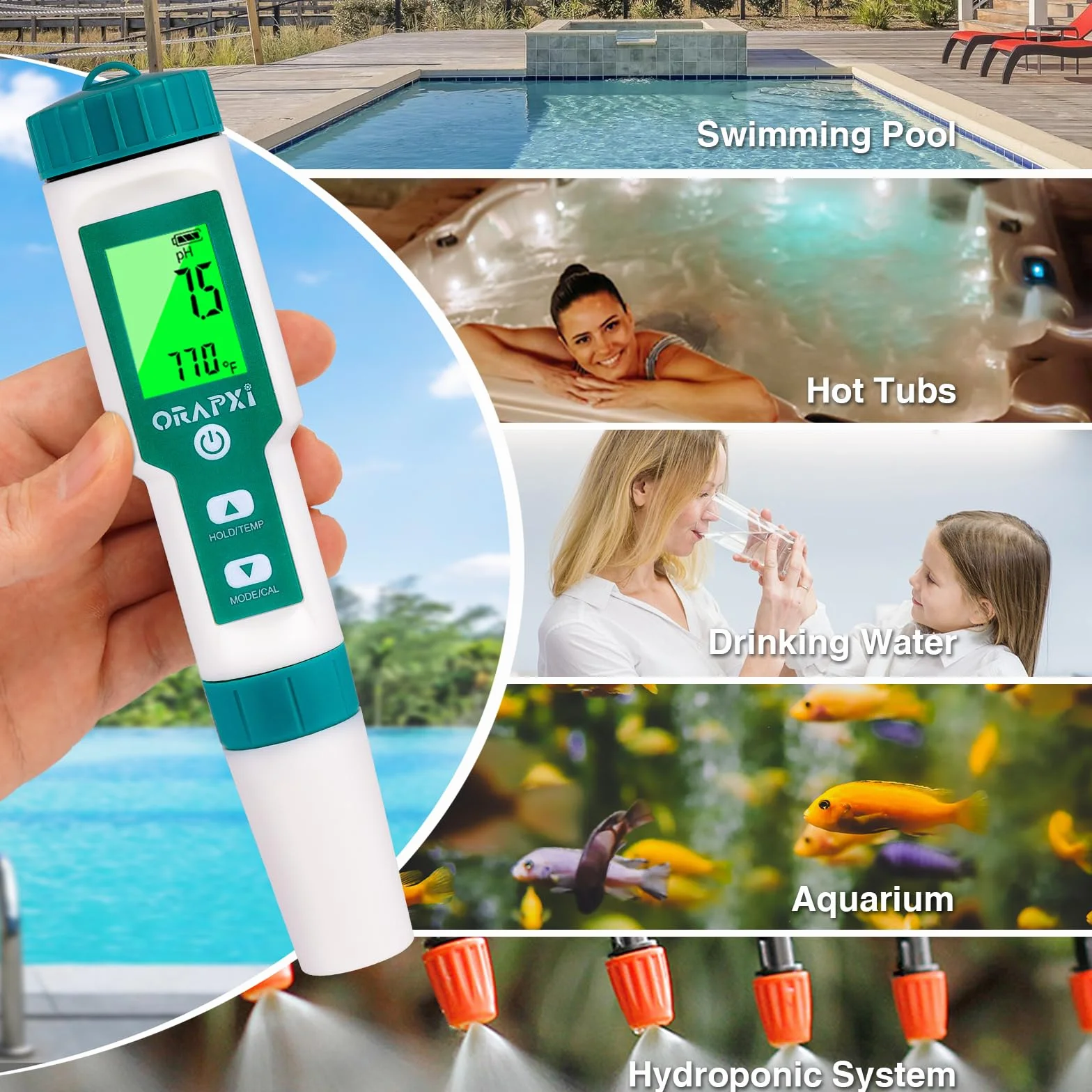 Probador de sal de piscina ORAPXI Medidor de pH y sal para piscina de agua salada Probador digital de pH y salinidad 5 en 1 Medidor de sal para piscinas Jacuzzis y spas de natación