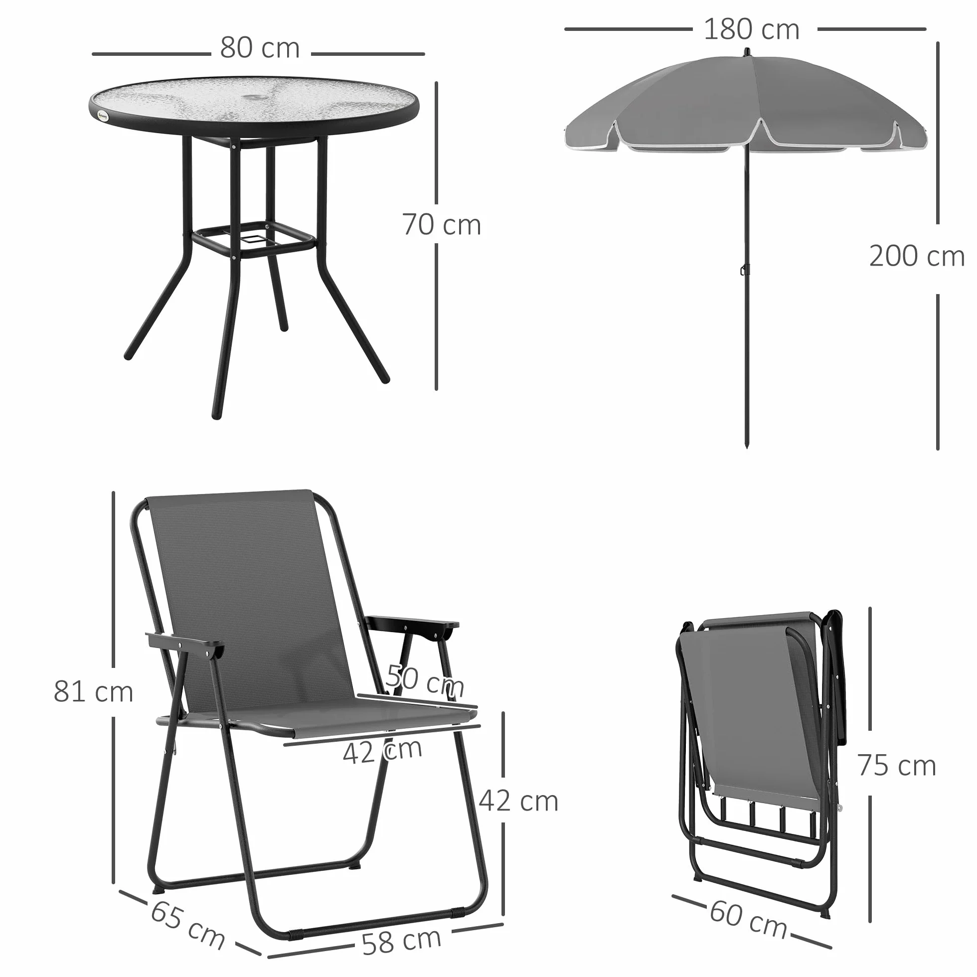 Outsunny Conjunto de Mesa y Sillas Jardín de 6 Piezas Muebles de Jardín Exterior con 4 Sillas Plegables Mesa de Vidrio y Sombrilla para Terraza Patio Gris