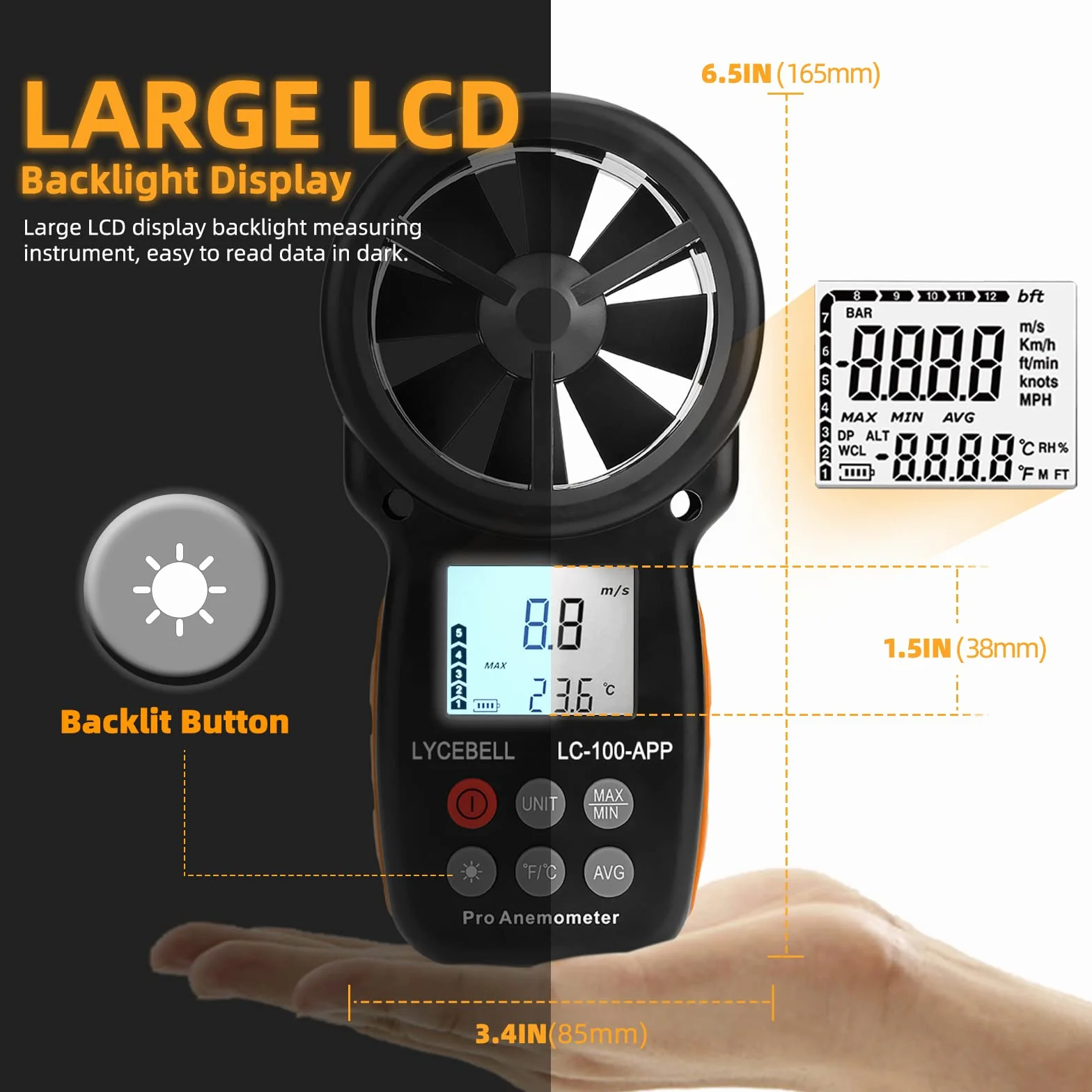 Anemómetro Digital de Mano LC-100-APP Bluetooth Medidor de Velocidad del Viento Temperatura