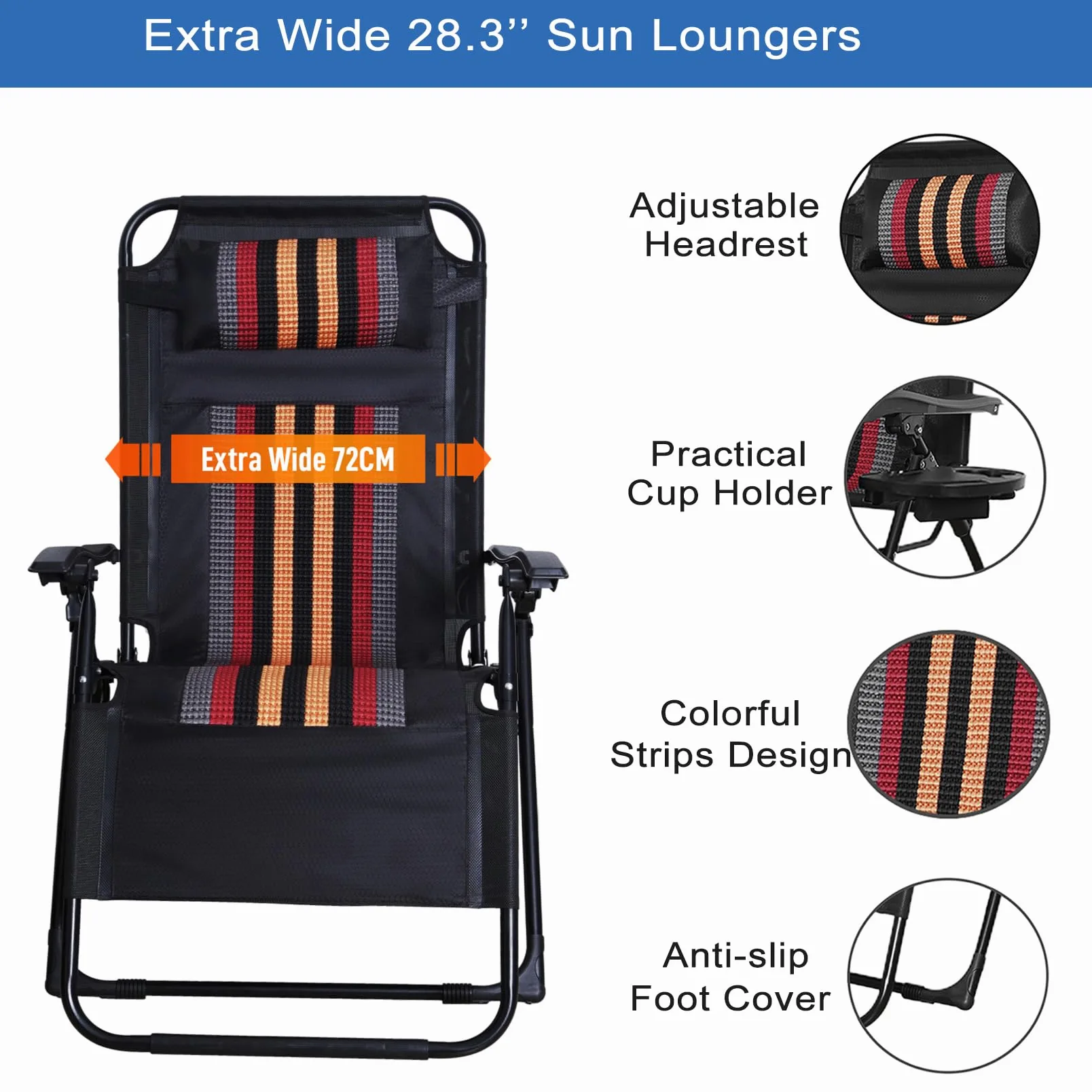 Juego de 2 sillas de gravedad cero con portavasos y soporte para teléfono, sillas de jardín reclinables ajustables para patio, camping, playa y piscina, tumbonas plegables para máxima comodidad (A)