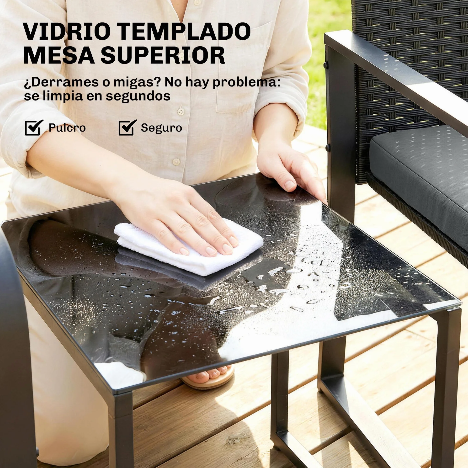 Outsunny Conjunto de Jardín Exterior de 3 Piezas, Muebles de Ratán con Sillas y Mesa de Vidrio Templado, Gris