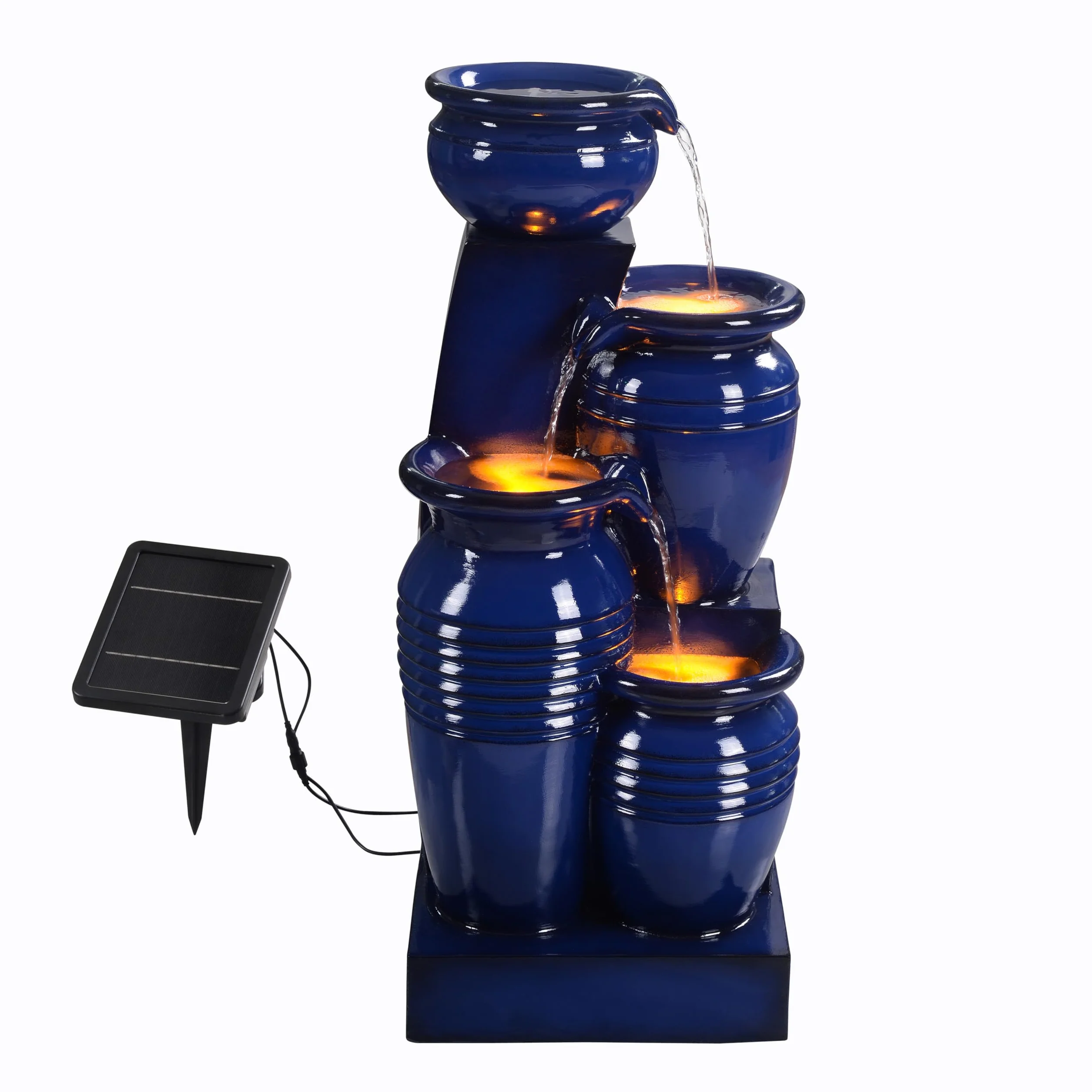 Fuente de Agua Solar en Cascada de 4 Niveles, Luces LED, 28.74", Azul Marino. Ideal para Jardines, Patios, Balcones. Marca Teamson Home.