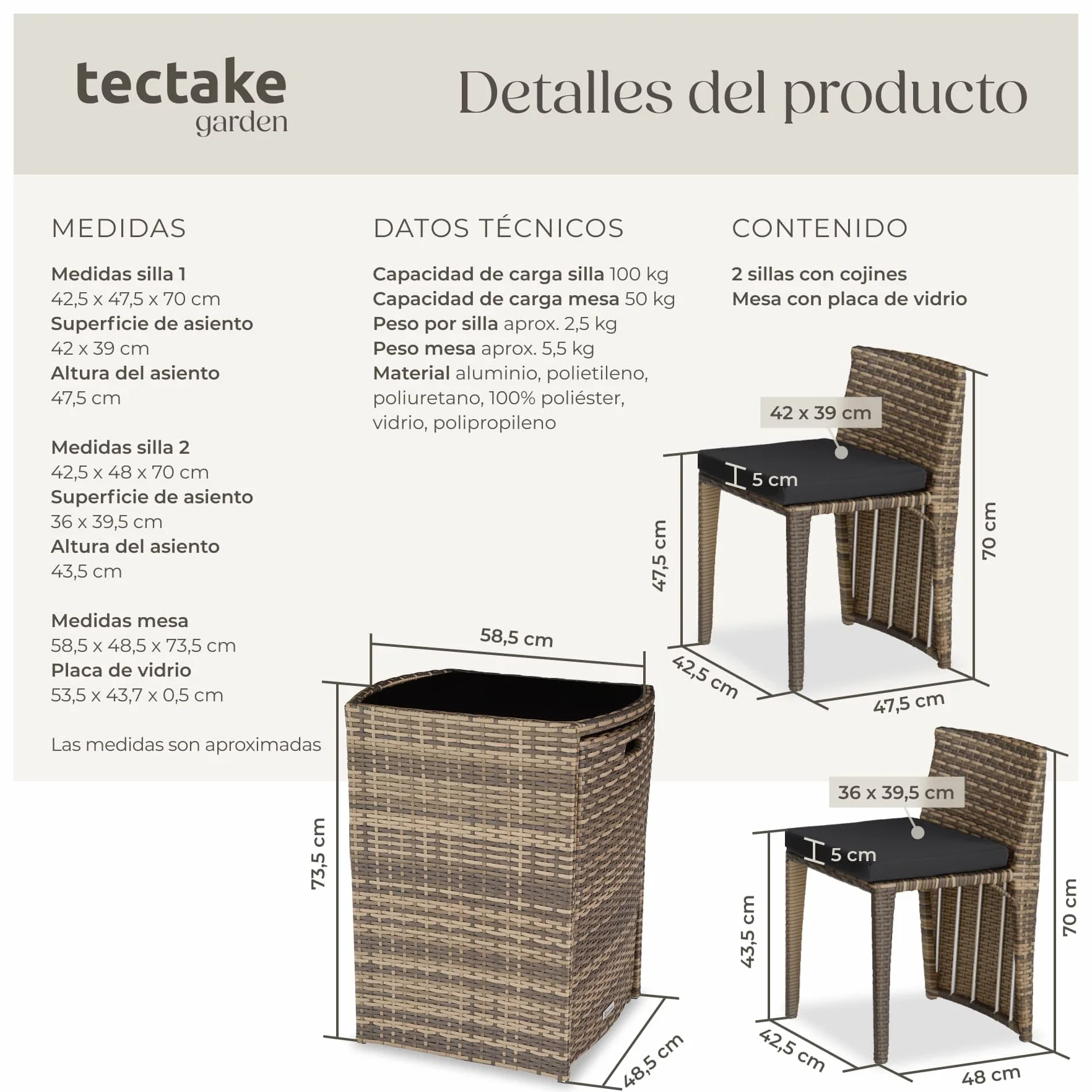 Tectake Conjunto Jardín Exterior Ratán Aluminio 2 Sillas Cojines Mesa Cristal Natural