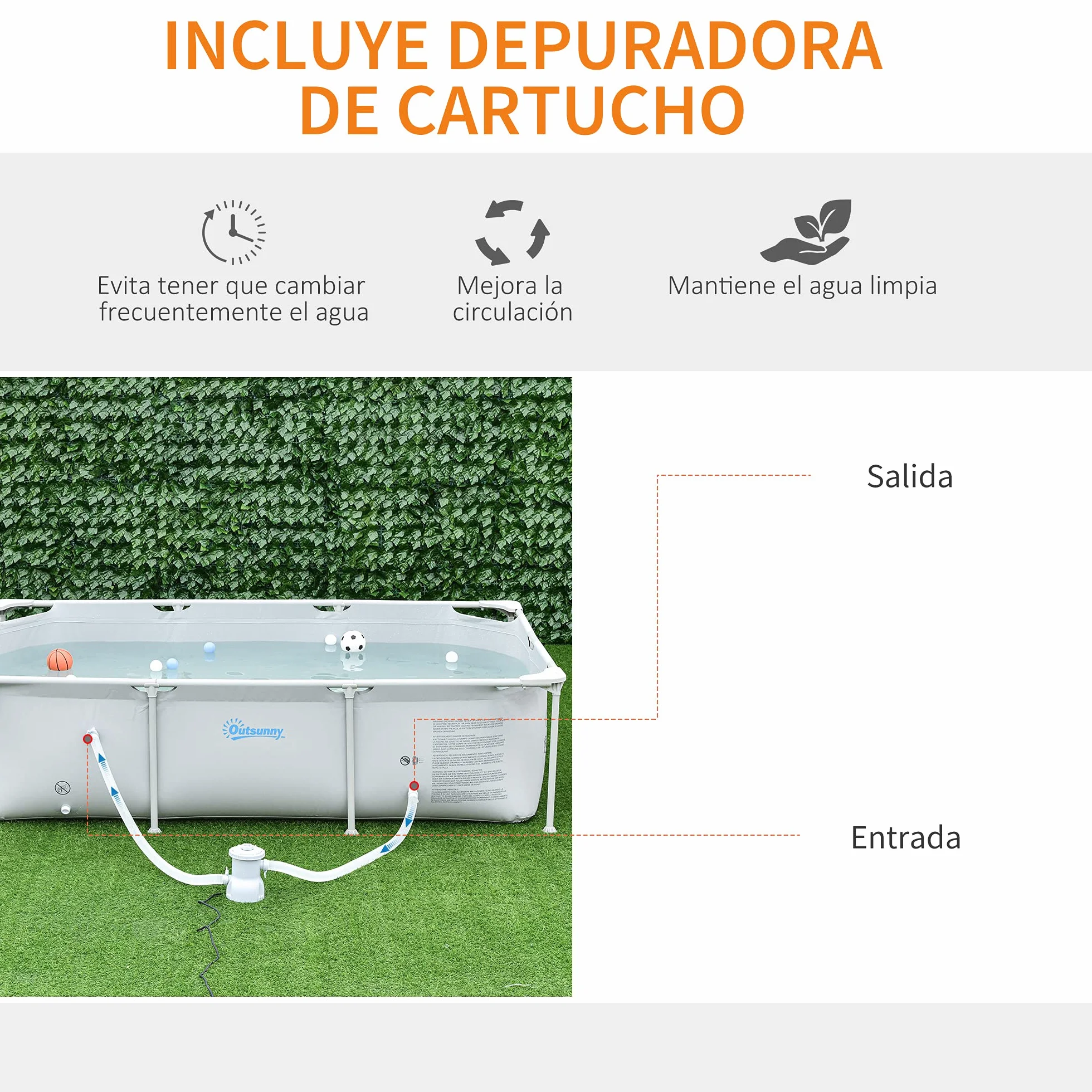 Outsunny Piscina Desmontable Tubular 252x152x65 cm 2163L con Depuradora 1200L/H Rectangular Exterior Gris