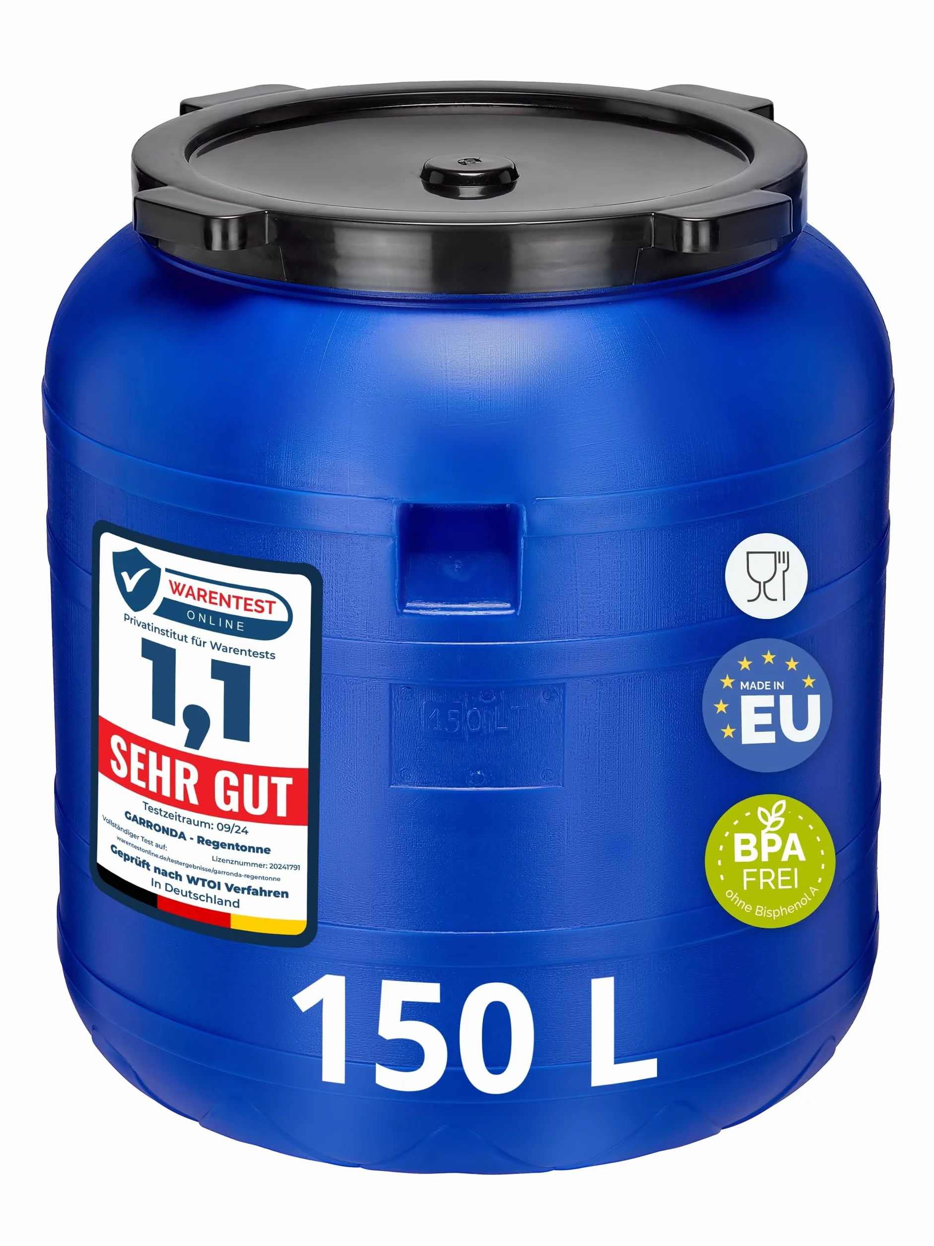 Garronda Barril de Boca Ancha 150 litros BPA-Libre, Universal para Alimentos, Agua de Lluvia con Tapa, Azul