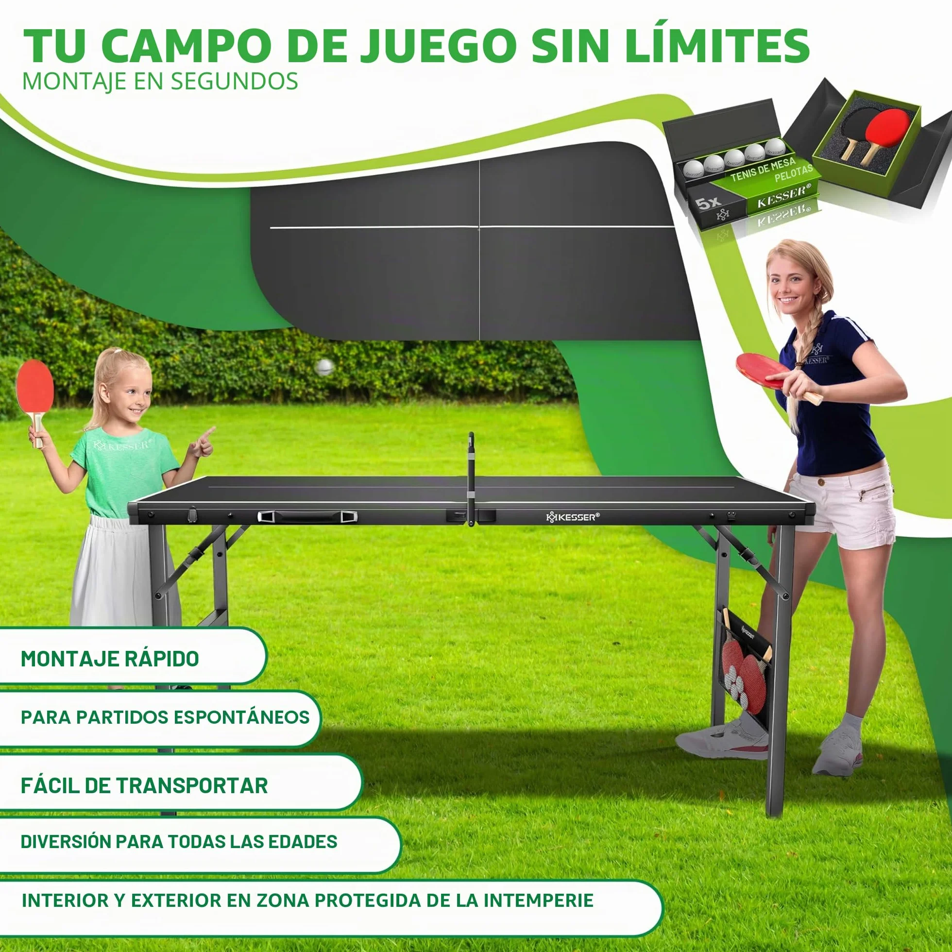 KESSER Mesa de ping pong Mini Outdoor Interior con raquetas, pelotas y red TT – Resistente a la intemperie – Plegable para viajes