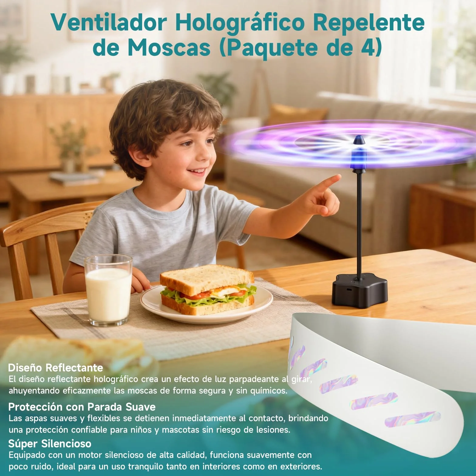 Ventilador de Mesa Antimoscas Recargable USB Repelente de Moscas 4 Piezas