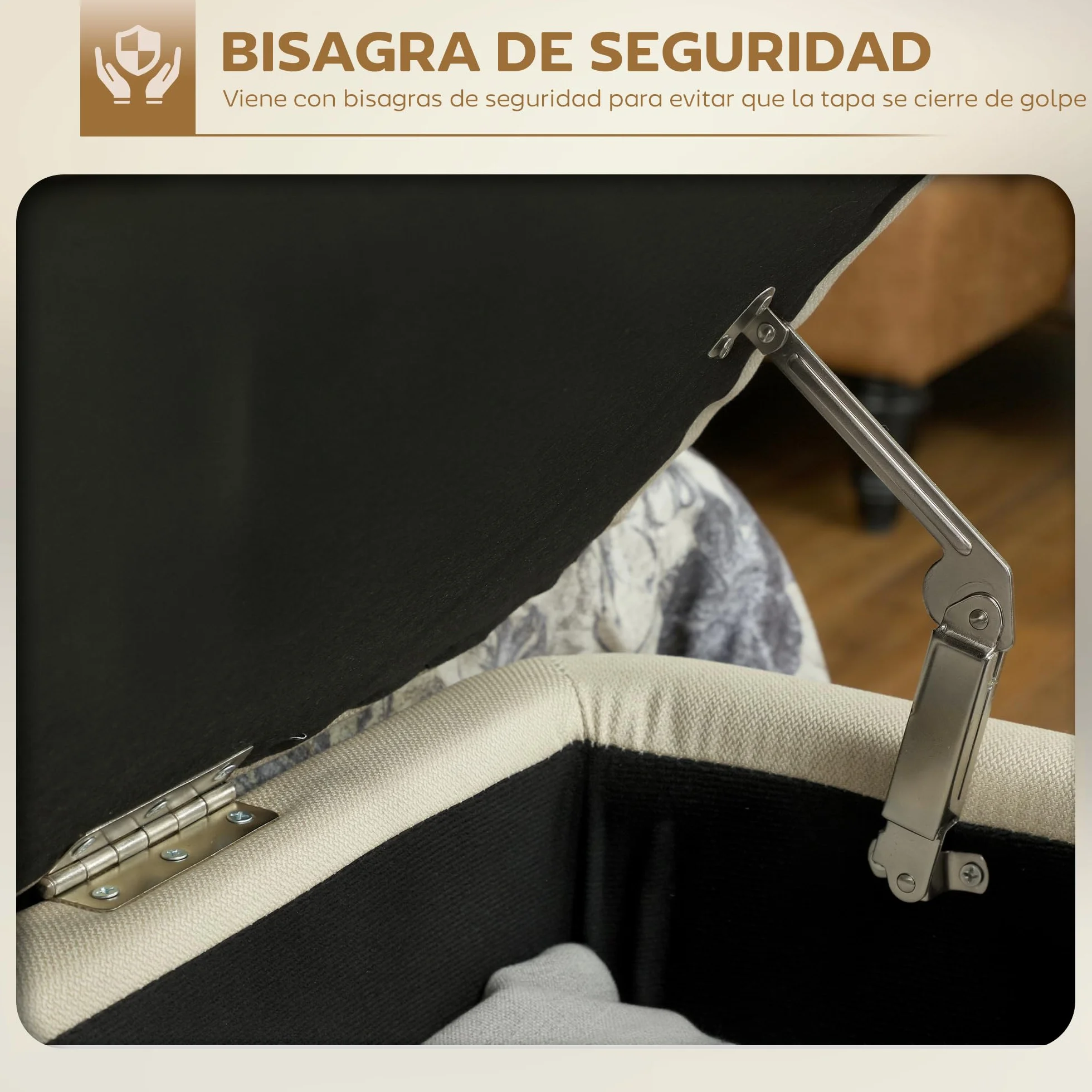 HOMCOM Banco Almacenaje Puff 61L Tapizado Lino Sintético Tapa Abatible Patas Acero 150 kg 101x38,5x44,5 cm Beige