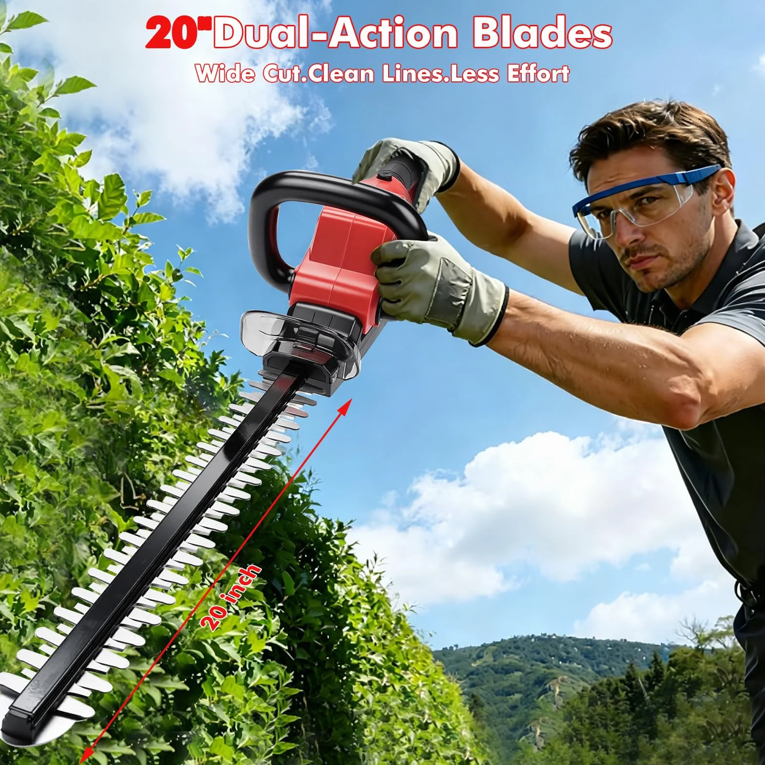 Cortasetos inalámbrico 21 V con 2 baterías de 3000 mAh y cargador, longitud de corte de 56 cm, separación entre dientes 18 mm, cuchilla doble filo SK5, cortasetos eléctrico 850 W para setos y arbustos