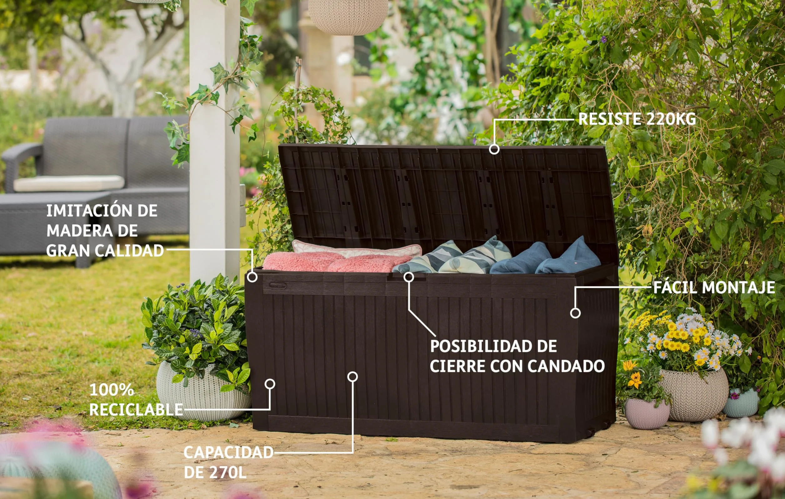 Keter Comfy Arcón exterior Baúl almacenaje 270L Resina Marrón 44.7 x 116.7 x 57 cm