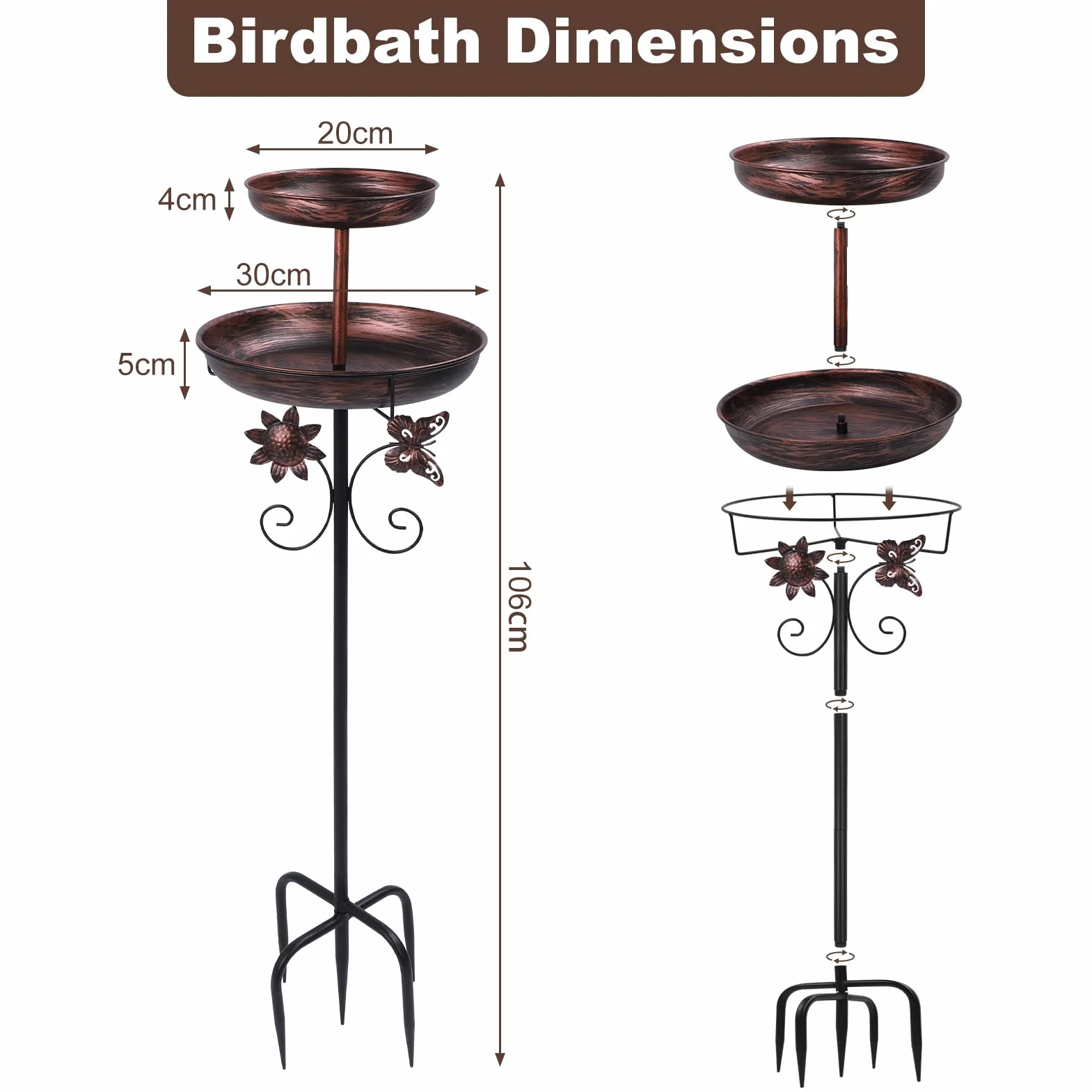 Comedero y Bebedero para Pájaros Exterior 106cm Doble Función Base 5 Puntas Cuenco Metálico Extraíble Antihielo