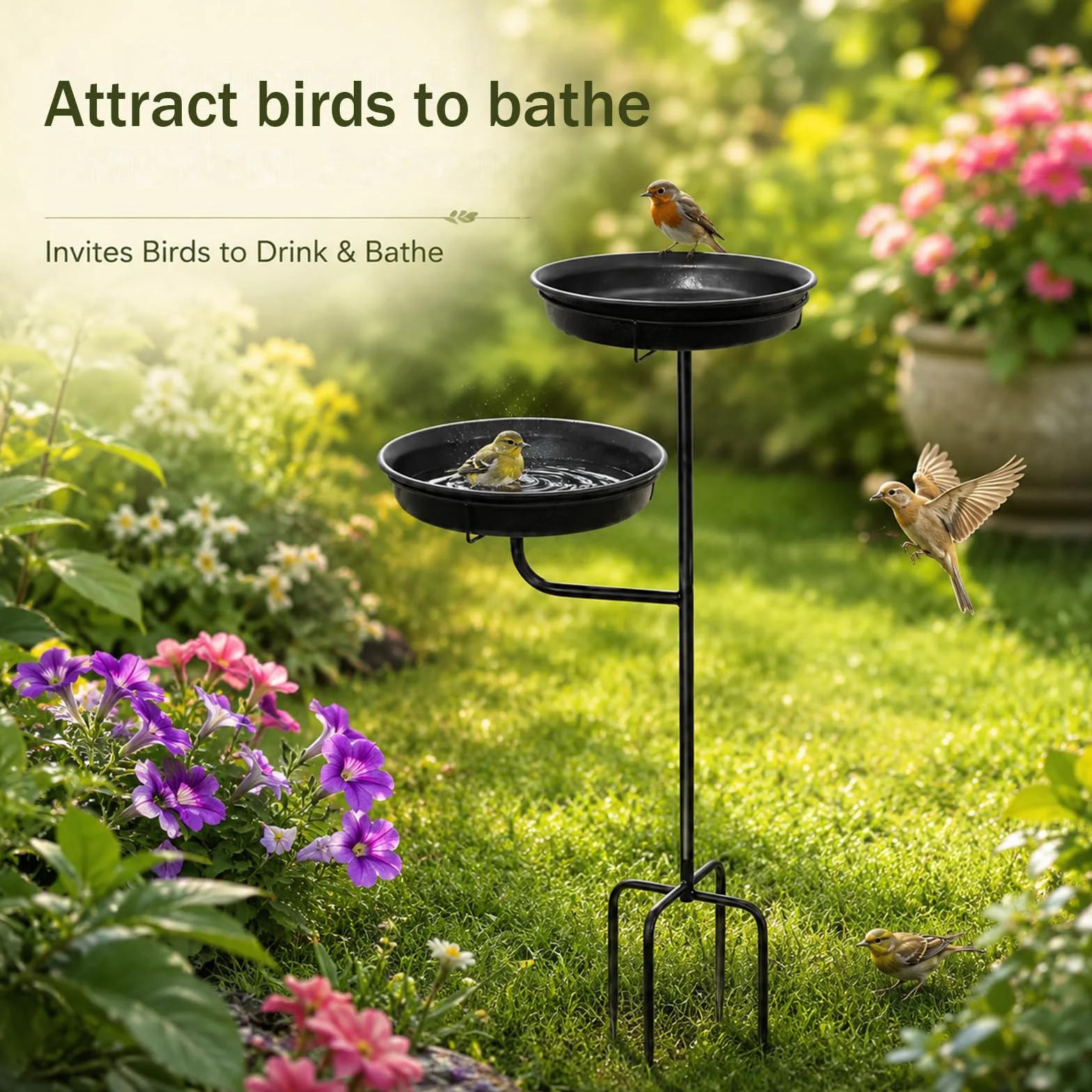 Bebedero Pájaros de Exterior Vintage Independiente, Comedero Pájaros con Base de 4 Estacas Metálicas, para Jardín, Terraza, Patio y Césped (Negro)