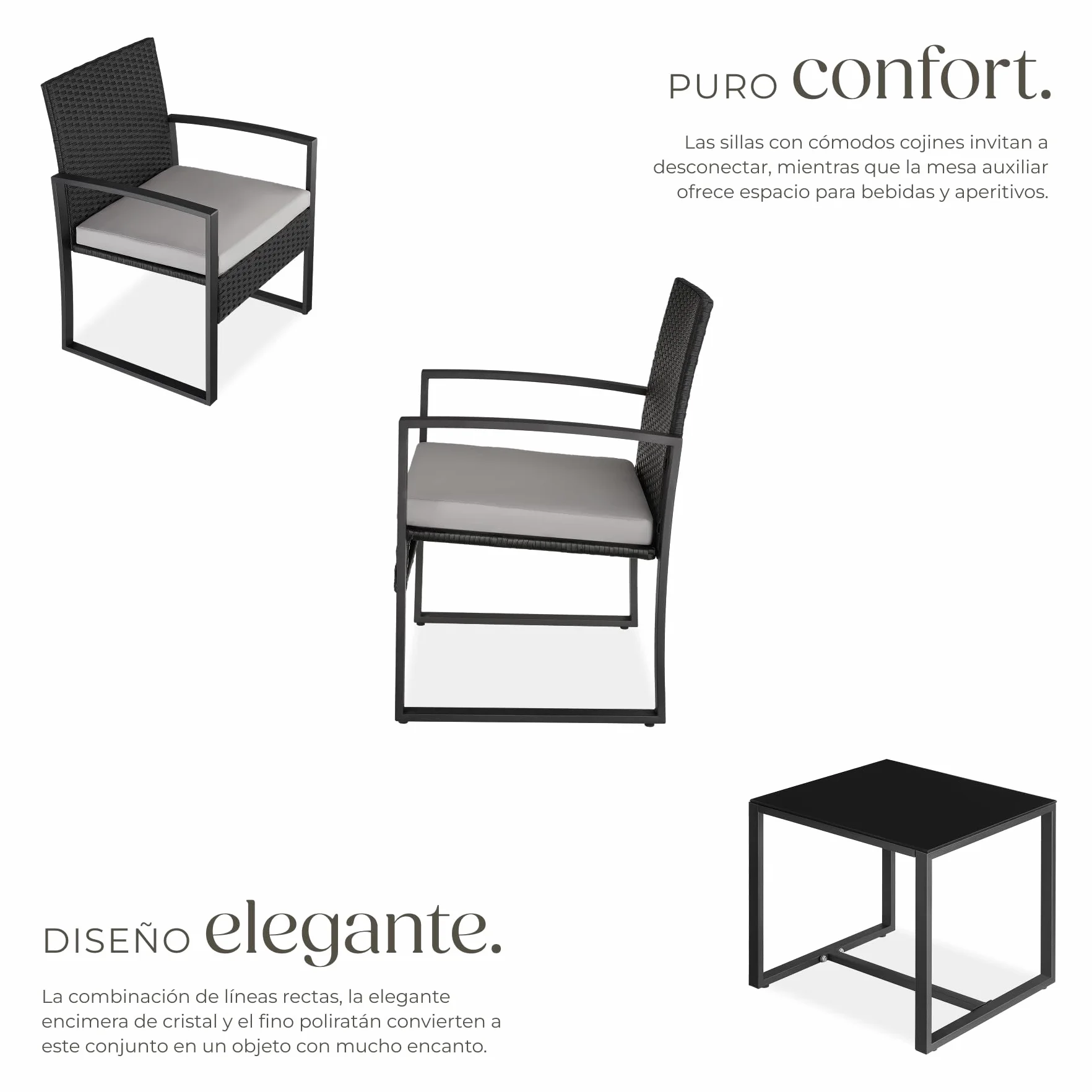 TecTake® Conjunto Jardín Exterior para 2 Personas, Muebles de Jardin 2 Sillas Ratán con Cojines y Mesa Terraza con Tablero Vidrio de Seguridad, Fundas Extraíbles, Robusto y Resistente a la Intemperie