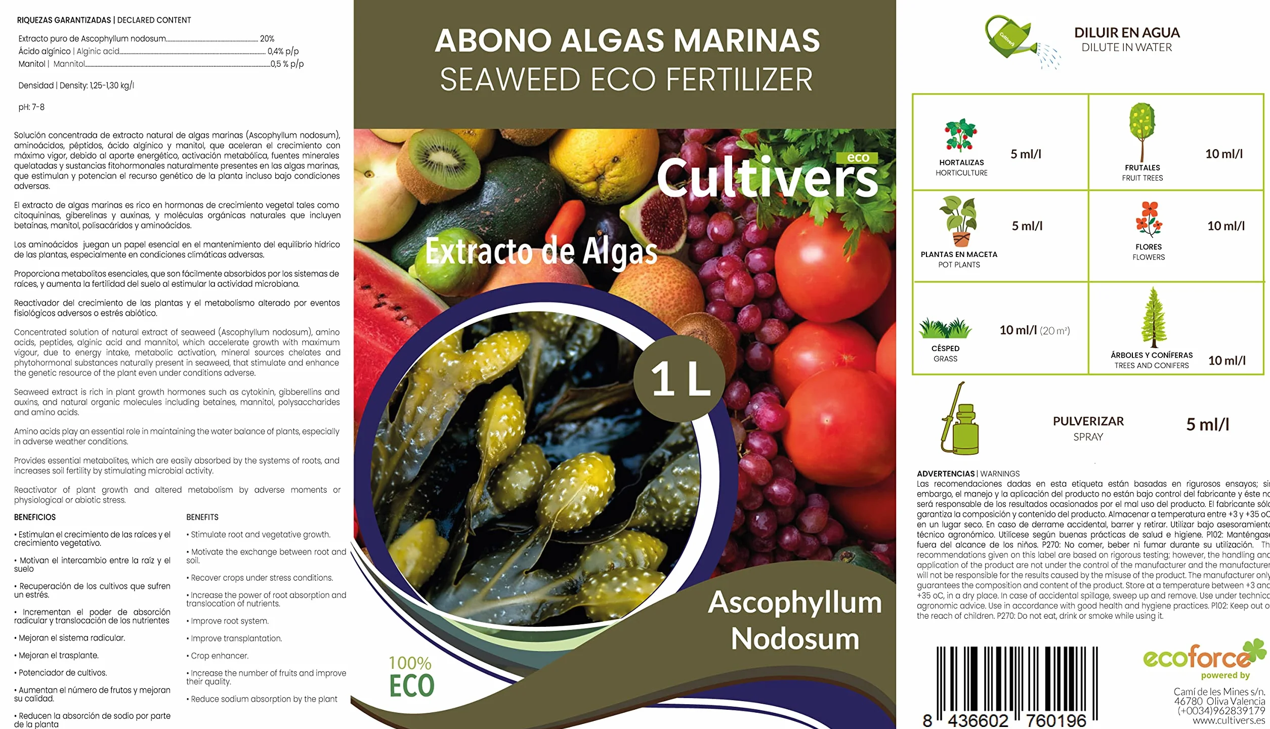 CULTIVERS Fertilizante Algas Marinas Líquido 1 L Abono orgánico extracto Ascophyllum nodosum
