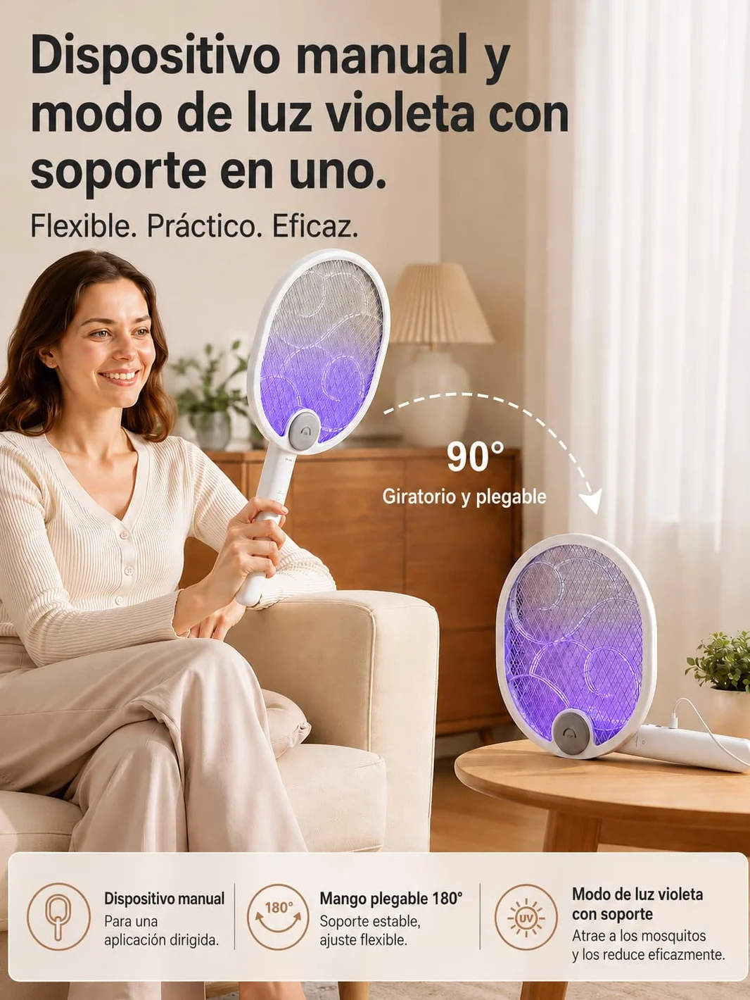 Raqueta Mosquitos Eléctrico Plegable 4000V 1800mAh USB 3 en 1 Recargable Mosquito Killer Trampa Portátil 3 Capas Malla Seguridad Base Soporte Pared