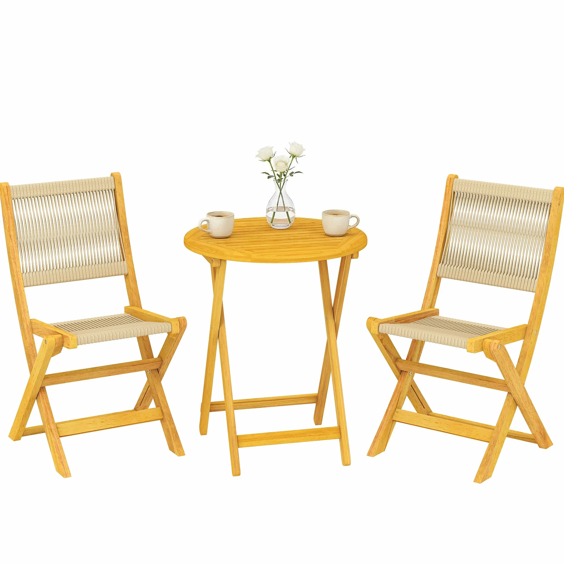 Outsunny Conjunto de Mesa y Sillas de Terraza Exterior de Madera 3 Piezas, 2 Sillas Plegables, Asiento Respaldo de Cuerda PP, Mesa Redonda para Patio