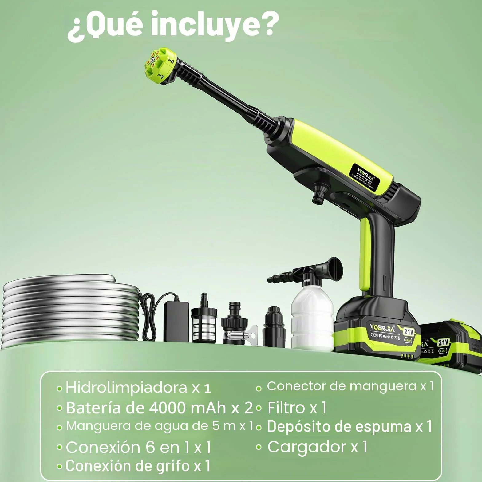 VOERJIA Hidrolimpiadora de Alta Presión a Batería 1000 PSI, Pistola de Agua Inalámbrica con 2 Baterías 4.0Ah