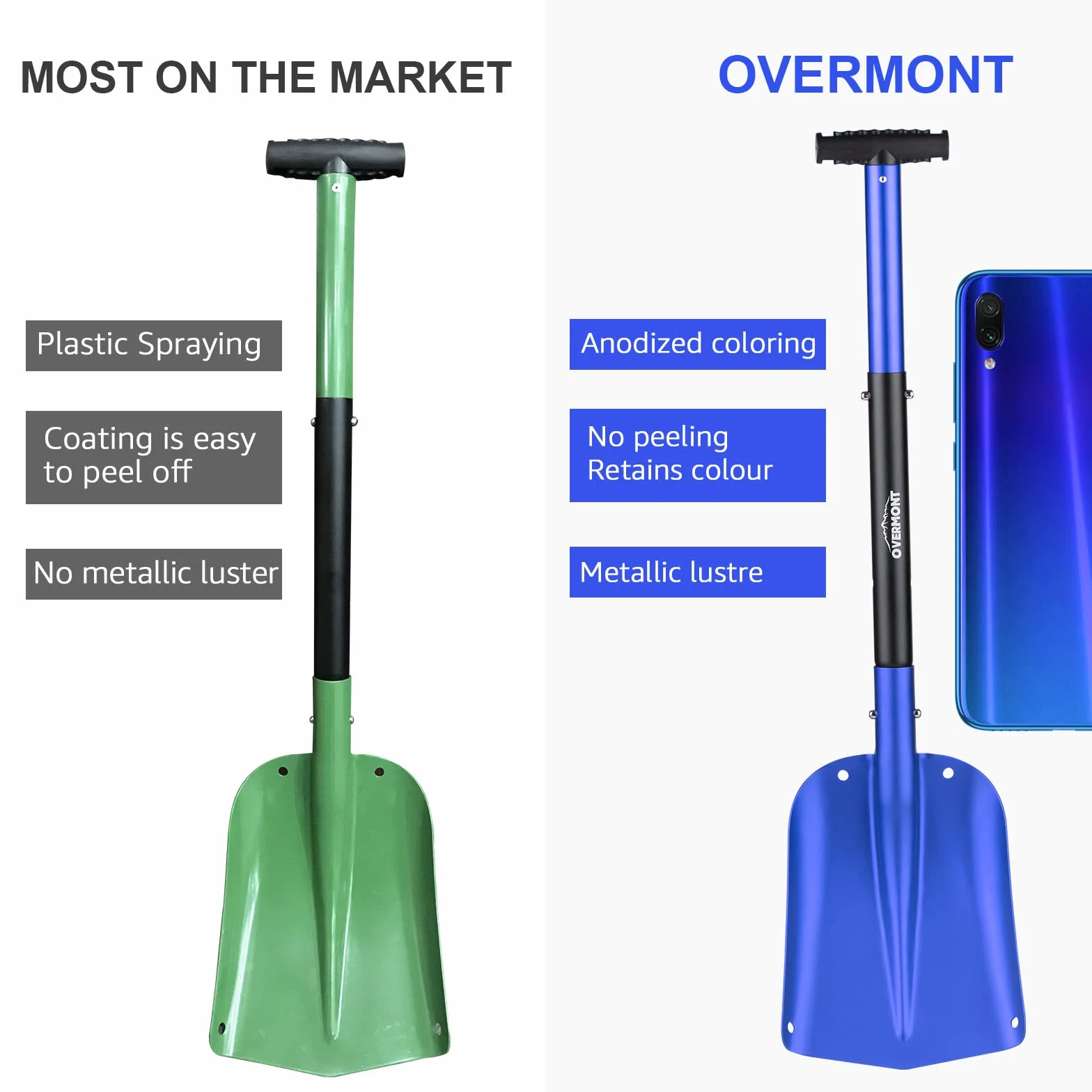 Pala para Nieve OVERMONT Portátil Desmontable Aleación de Aluminio para Coche Jardineria