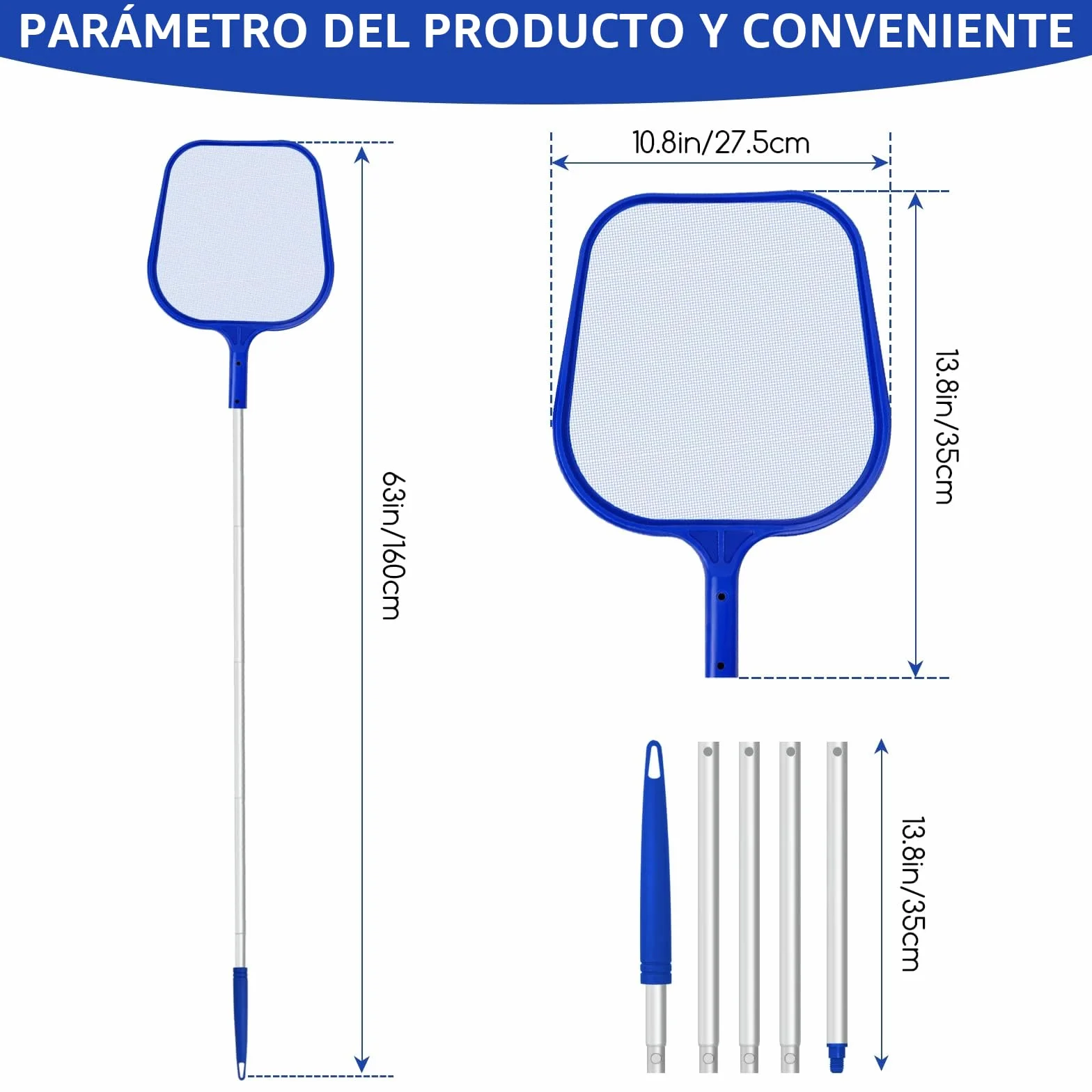 Jsdoin Recogehojas para Piscinas Profesional, Kits de Skimmer con Barra Telescópica 1.2m