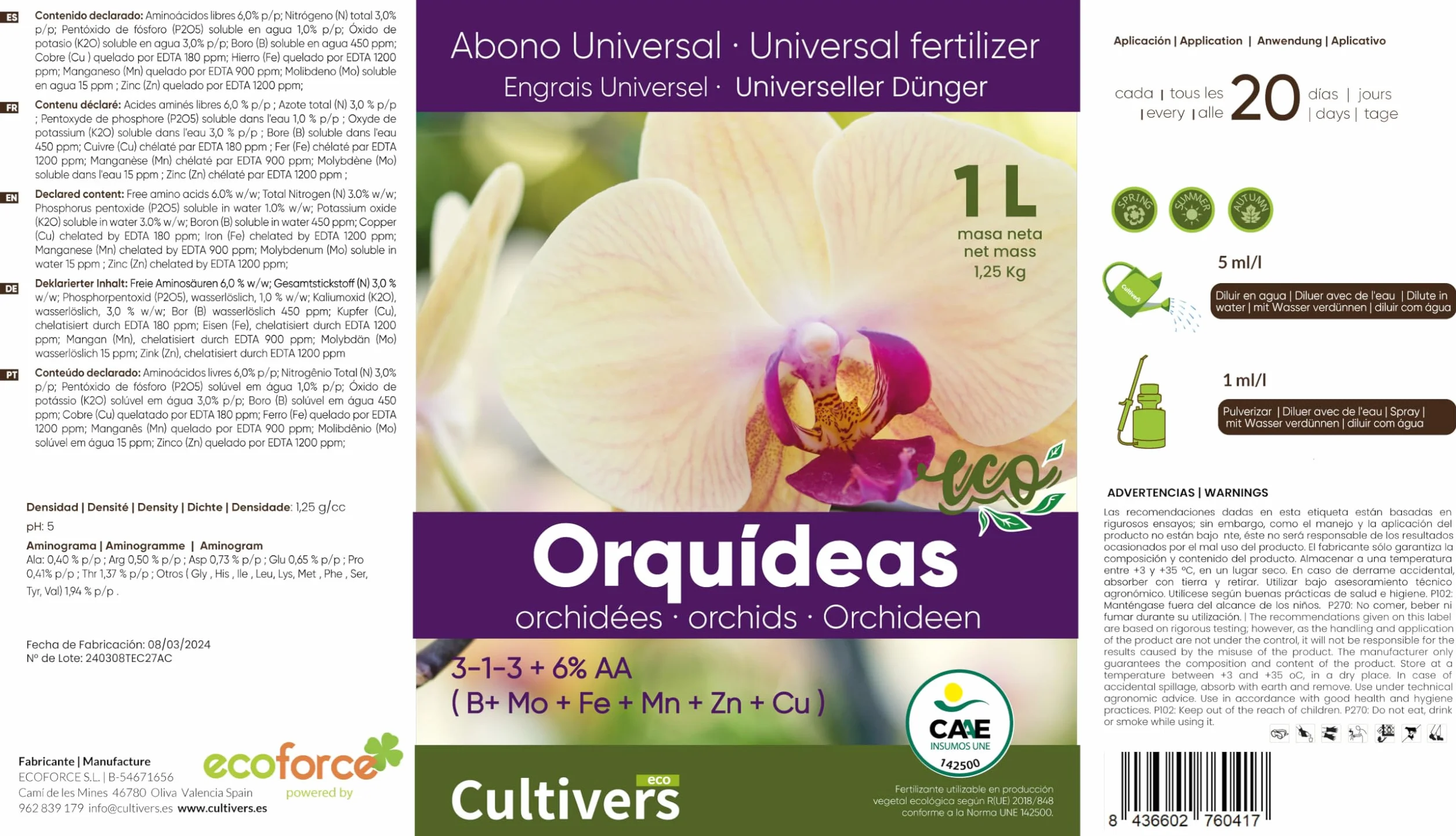 CULTIVERS Fertilizante Orquídeas Ecológico Líquido 2x1L Abono Orgánico