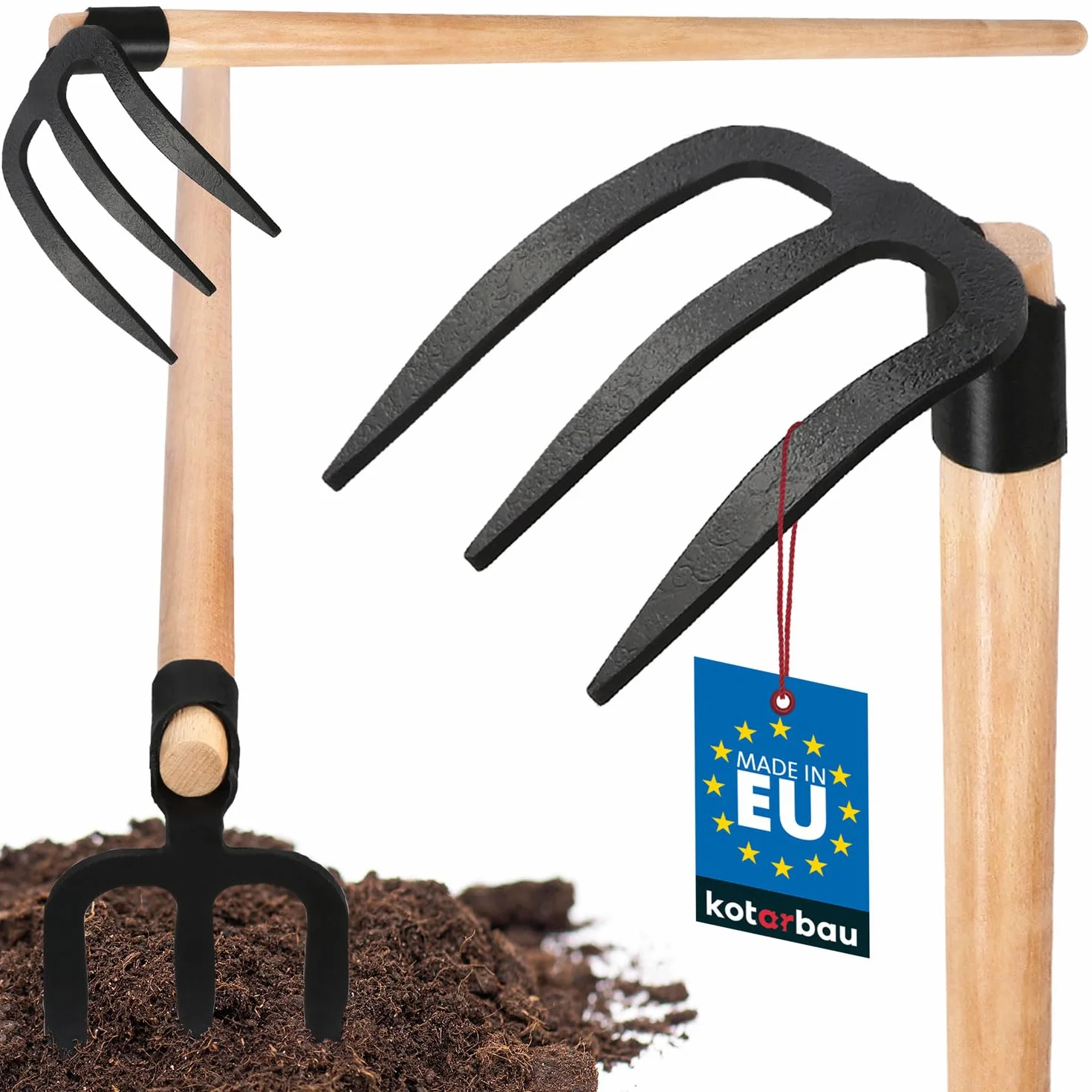 KOTARBAU Horca para cavar de 3 Dientes, Pala cosechadora de Patatas, Mango de Madera 110 cm
