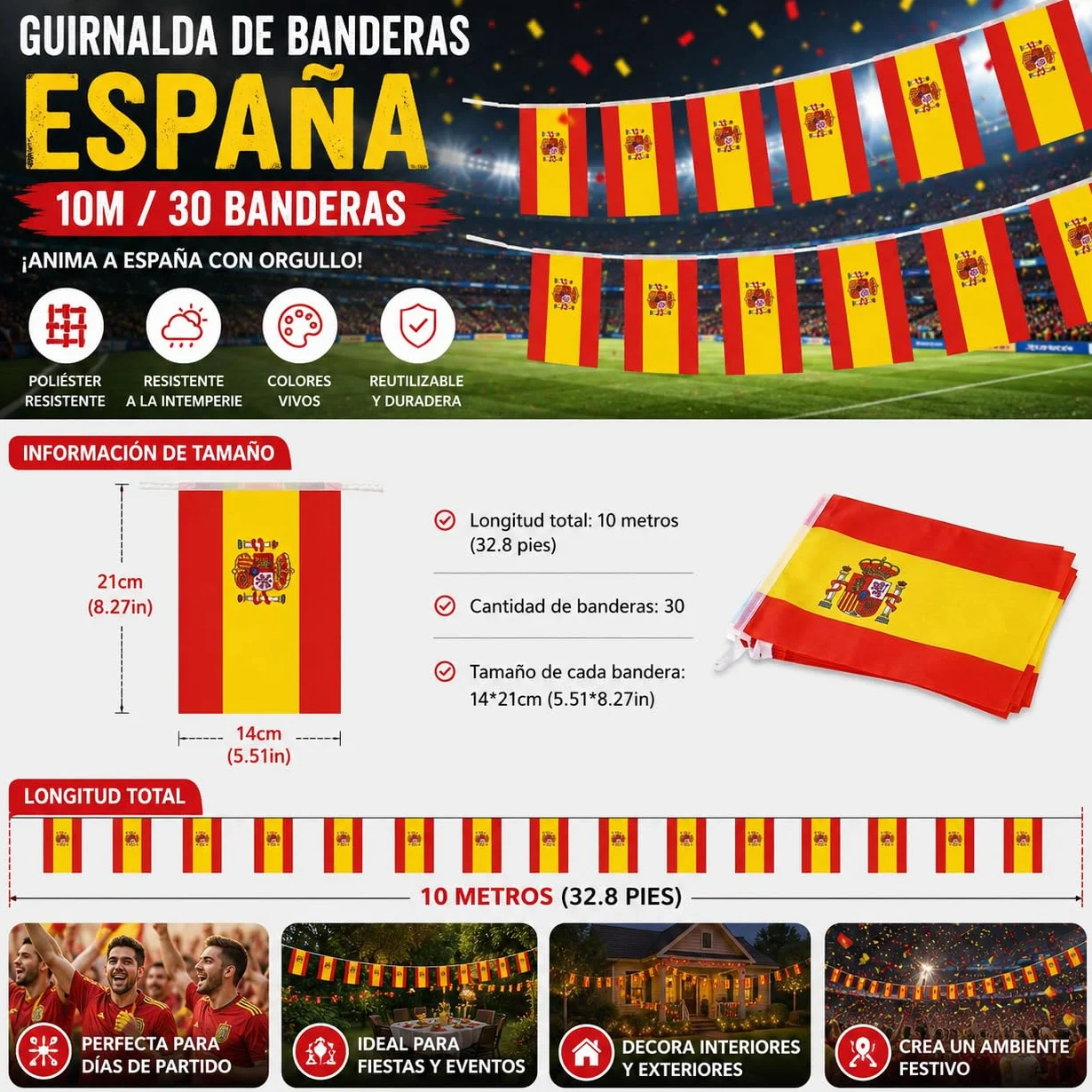 Guirnalda Banderas Mundial 30 Piezas Bandera España Decoración 10 m Banderines 14 x 21 cm Fiesta Nacional