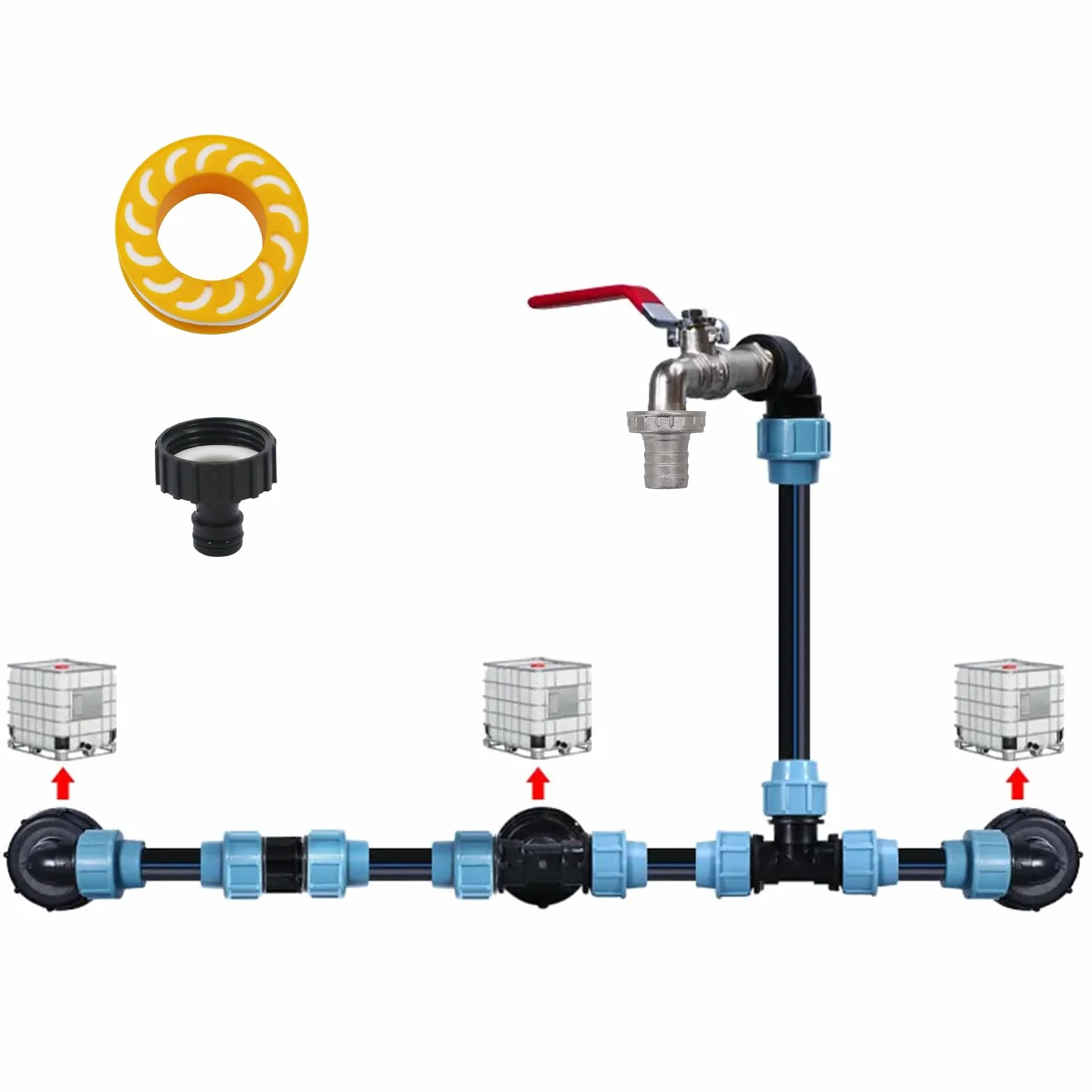Kit de conexión para 3 depósitos IBC, grifo 3/4", conexión de manguera, riego de jardín