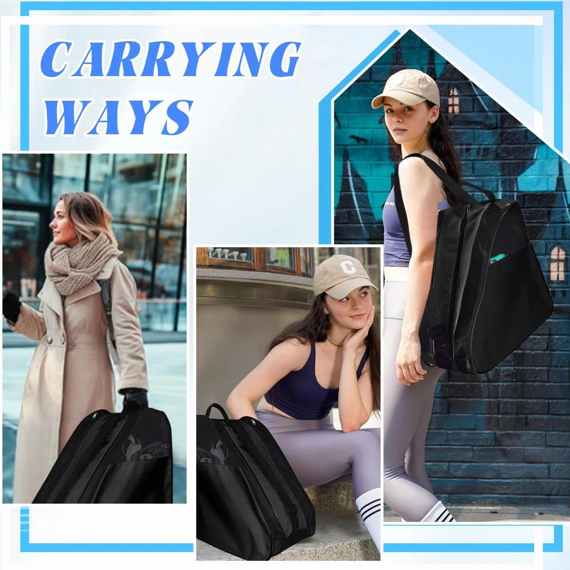 Mochila para Patines en Línea 3 Compartimentos Casco Protecciones Negro