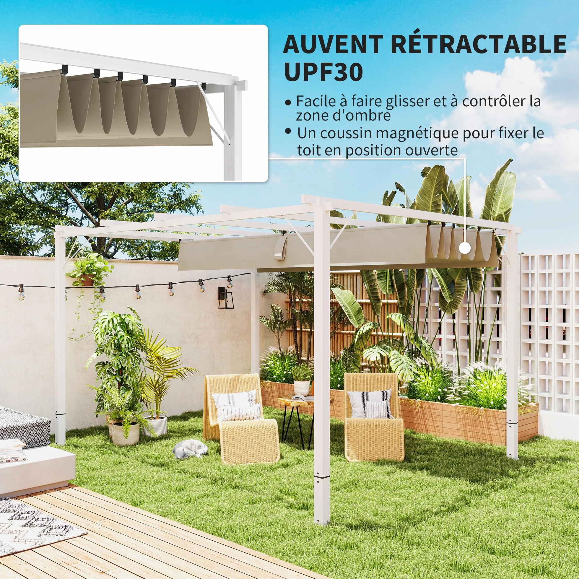 Outsunny Pérgola Exterior Aluminio Retráctil 3x4 m, Cenador Techo Poliéster 180g/m², Protección Solar UPF30+, Blanco