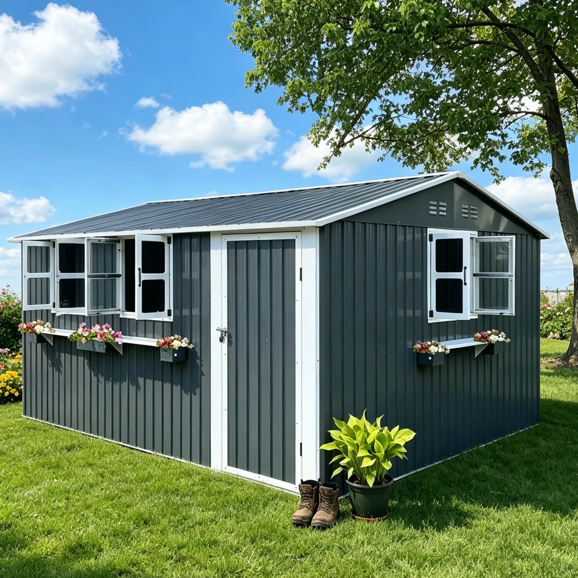 Caseta de jardín acero galvanizado 10,21 m² 3 ventanas puertas dobles cerradura estante flores impermeable gris antracita