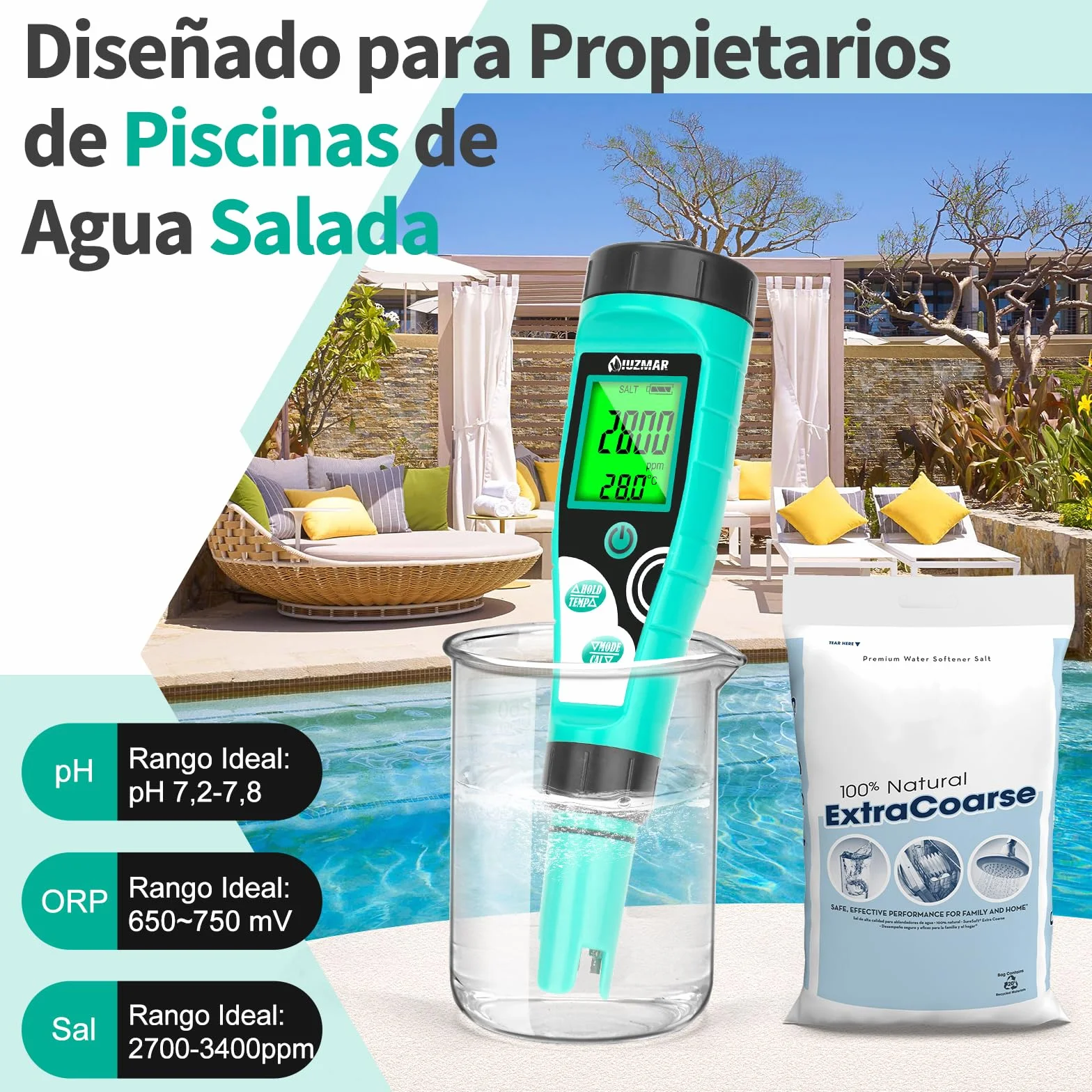 UIUZMAR Medidor de Cloro y pH Piscina, Medidor de Salinidad y Cloro Libre Digital, Comprobador de 7 en 1 pH, EC, TDS, Salinidad, ORP y Cloro para Piscinas, Hidroponía, Acuarios, Spas