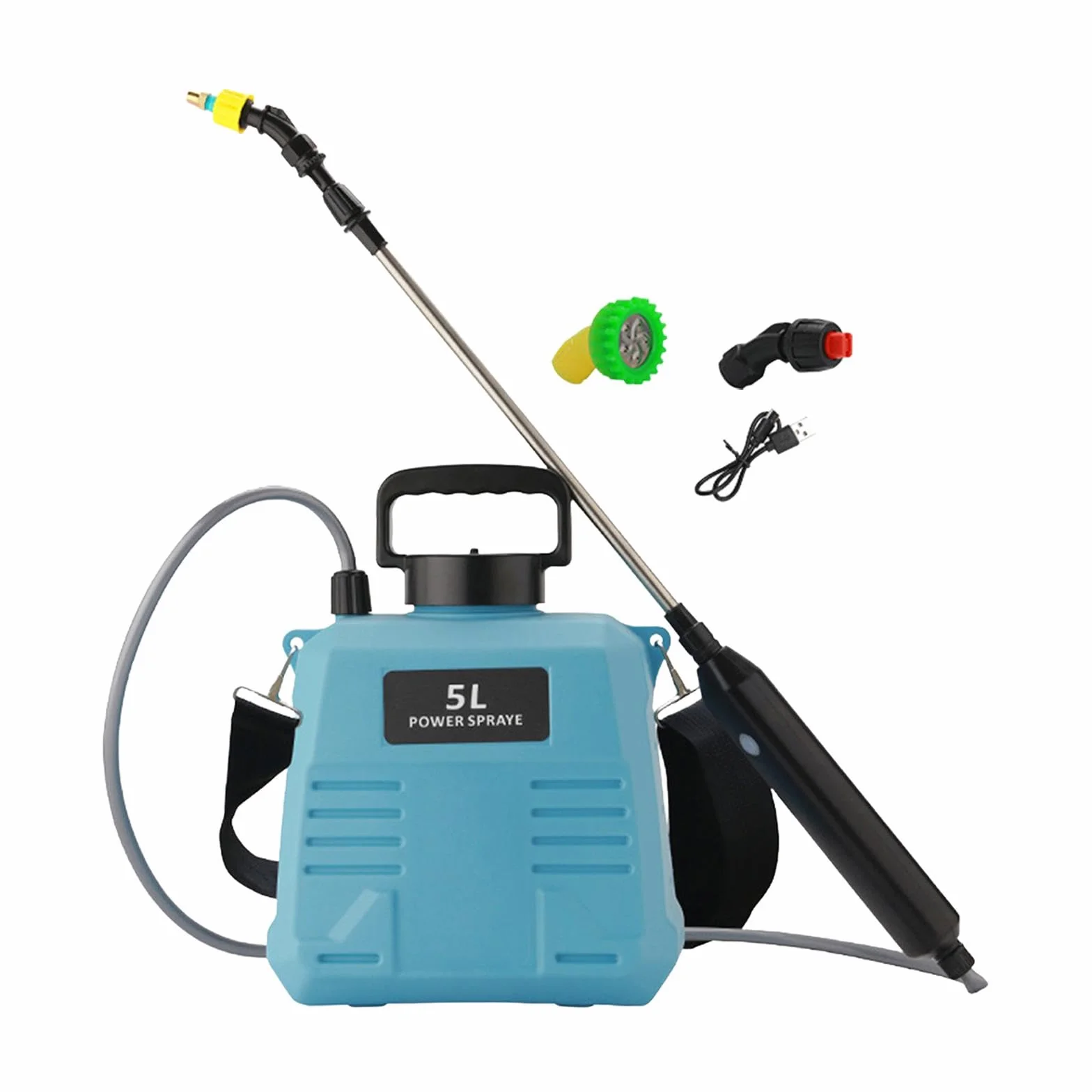 Gralara Pulverizadores de Bomba eléctrica, varitas retráctiles con Correa para el Hombro, Botella pulverizadora de riego Recargable por USB para riego de, 5L Azul