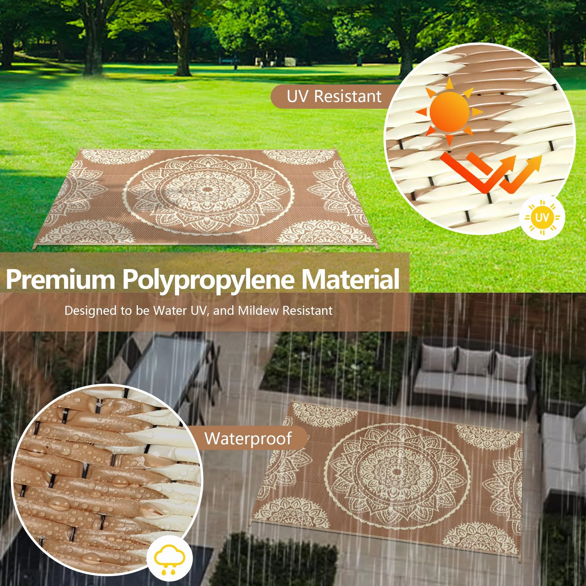 Famibay Alfombra Exterior Terraza 150x245cm Impermeable UV Reversible Beige Marrón