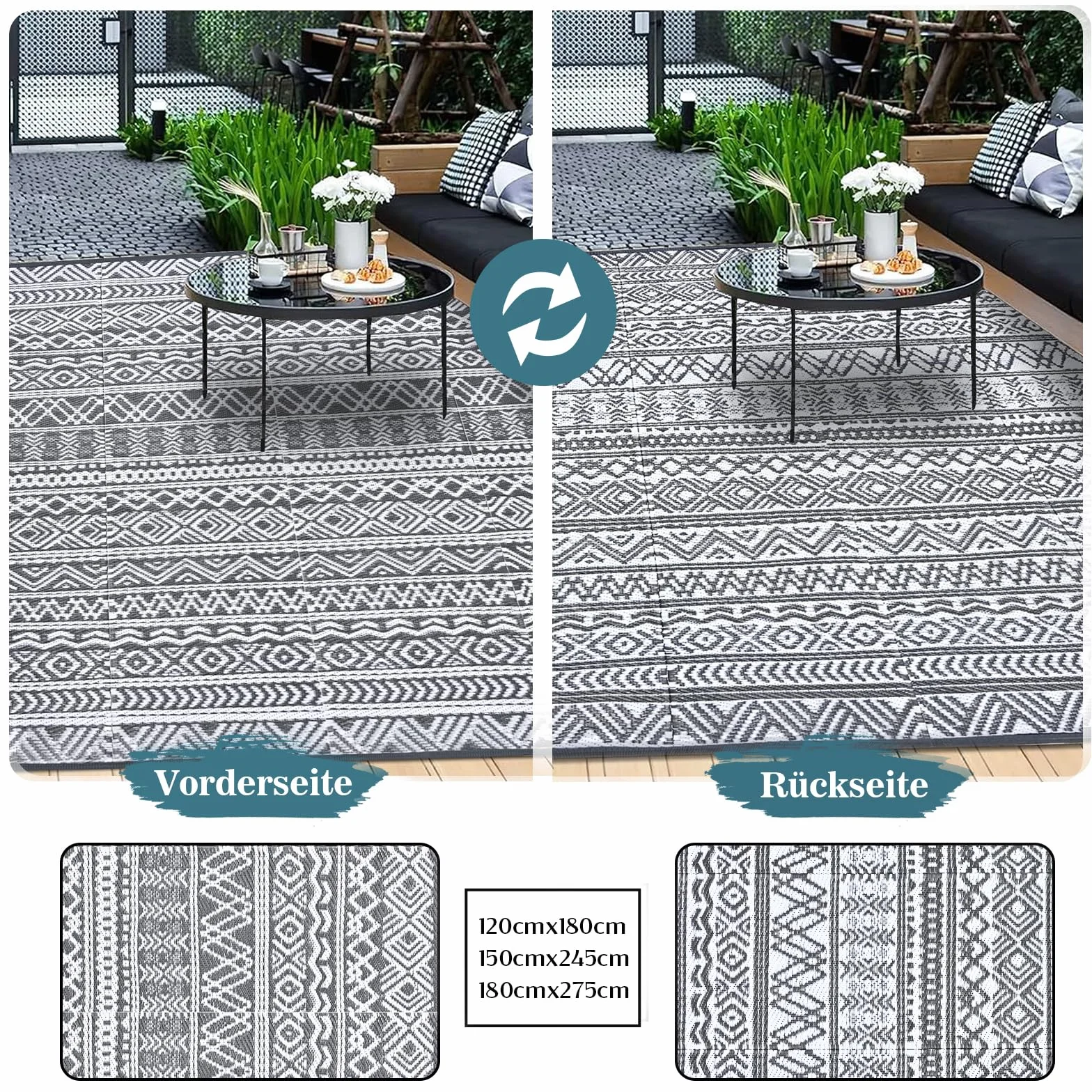 Alfombra exterior Alishomtll 180 x 275 cm PP impermeable resistente UV reversible