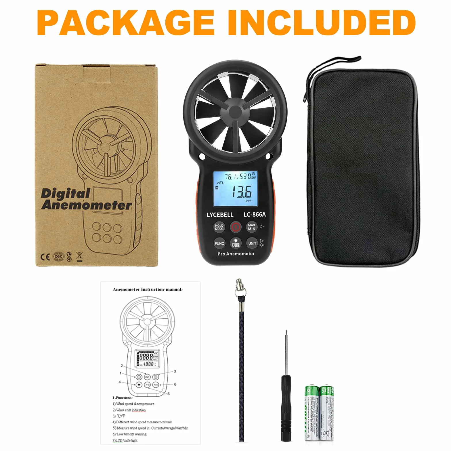 Anemómetro Digital de Mano 866A, Medidor de Velocidad del Viento, Flujo del Aire, Temperatura, Humedad, Puerto USB para HVAC