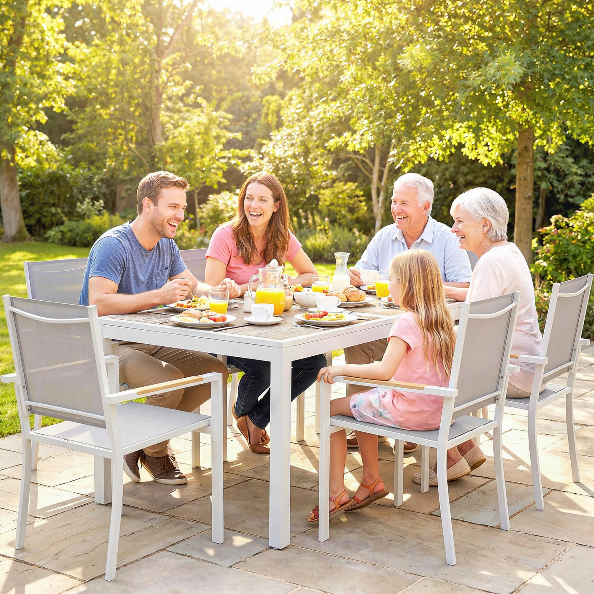 Outsunny Conjunto de Mesa y Sillas Jardín de 7 Piezas, Muebles Jardín Exterior con Mesa de Plástico PSPC, 6 Sillas Apilables Transpirables, Marco de Acero Resistente a la Intemperie, Blanco